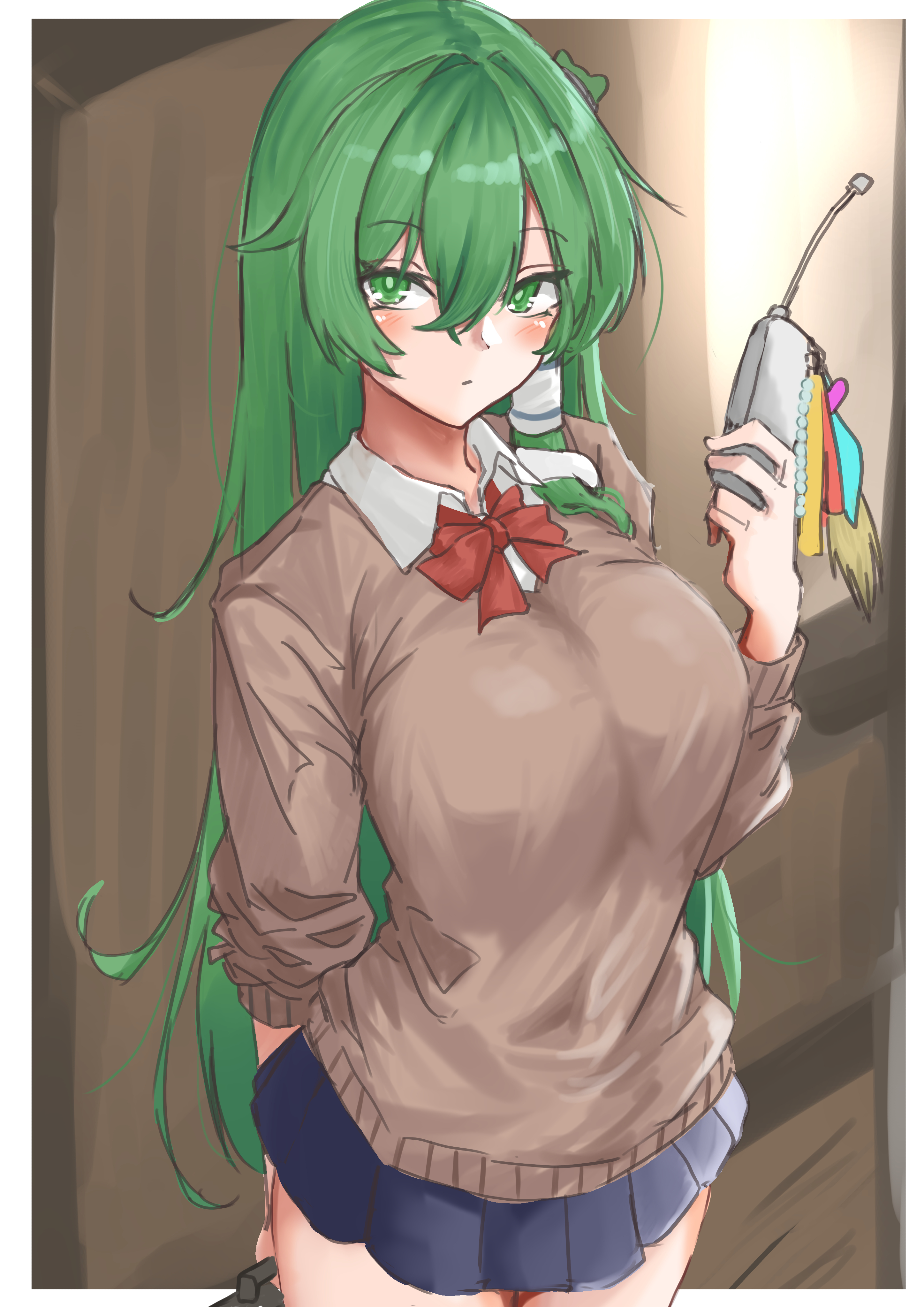 kuraki, kochiya sanae, touhou, absurdres, highres, 1girl, bag, blue skirt, blush, breasts, brown cardigan, cardigan, cellphone, collared shirt, frog hair ornament, green eyes, green hair, hair ornament, hair tubes, indoors, large breasts, long hair, long sleeves, looking at viewer, phone, school bag, shirt, skirt, snake hair ornament, solo