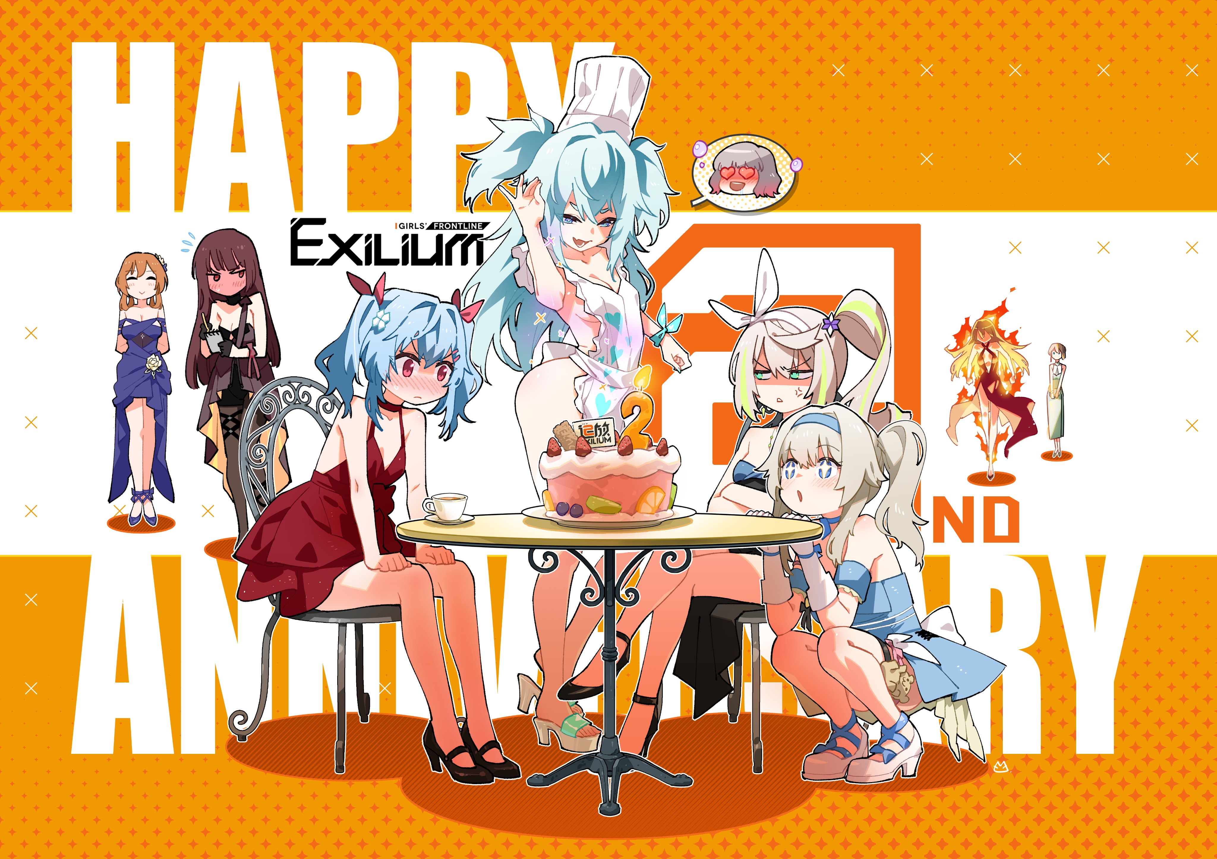 miharu (cgsky), centaureissi (girls' frontline 2), colphne (girls' frontline 2), florence (girls' frontline 2), g36 (girls' frontline), g36 (poise of the jade vase) (girls' frontline), gentiane (girls' frontline), groza (girls' frontline 2), makiatto (girls' frontline 2), ots-14 (girls' frontline), ots-14 (ruler of the banquet) (girls' frontline), pa-15 (girls' frontline), sharkry (girls' frontline 2), springfield (girls' frontline), springfield (girls' frontline 2), springfield (queen in radiance) (girls' frontline), vepley (girls' frontline 2), vepley (summer echoes) (girls' frontline 2), wa2000 (ballroom interlude) (girls' frontline), wa2000 (girls' frontline), girls' frontline, girls' frontline 2: exilium, absurdres, character request, check character, commentary, english commentary, highres, 6+girls, :>, alternate costume, anger vein, apron, black pantyhose, black shoes, blue dress, blue eyes, blue hairband, blue shoes, blush, bow hairband, breasts, cake, chair, chef hat, cleavage, closed eyes, closed mouth, copyright name, cup, dress, fire, food, full-face blush, green eyes, hairband, happy anniversary, hat, heart, heart-shaped eyes, high heel sandals, high heels, holding, holding notepad, long hair, meme, multiple girls, naked apron, notepad, open mouth, orange background, pantyhose, red eyes, salt bae (meme), sandals, saucer, shaded face, shoes, short hair, side ponytail, sitting, smile, sparkling eyes, table, teacup, twintails, two-tone background, two side up, white hairband, white shoes