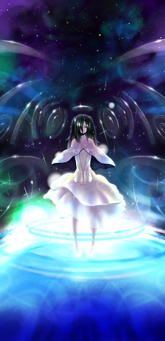 inugoro, inumaro (inugoro), hatsune miku, vocaloid, 1girl, alternate hair color, aqua eyes, black hair, female focus, hair over one eye, halo, sky, solo, star (sky), star (symbol), starry sky