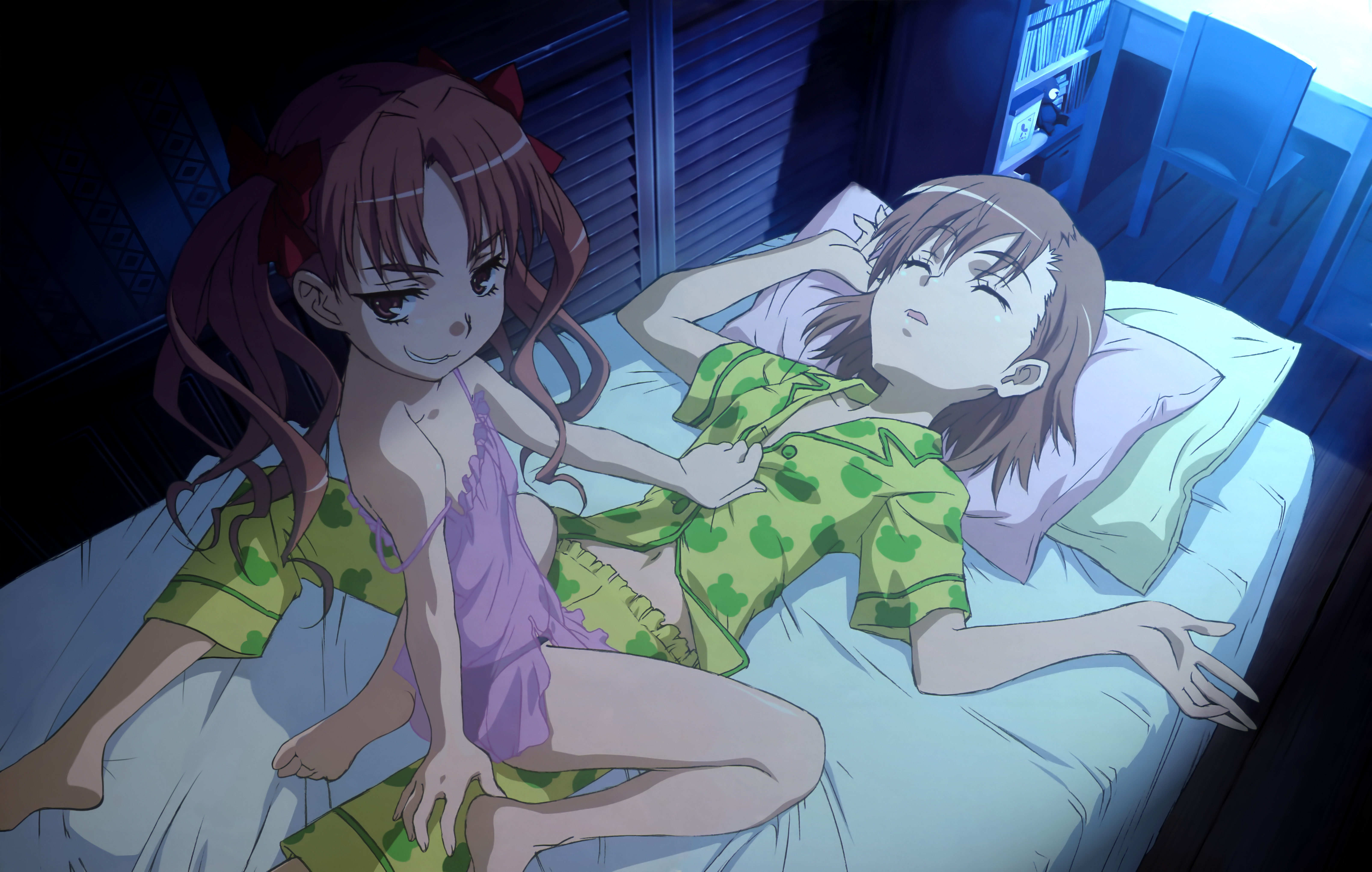 hataike hiroyuki, misaka mikoto, shirai kuroko, toaru kagaku no railgun, toaru majutsu no index, absurdres, detexted, highres, official art, third-party edit, 00s, 2girls, :3, bare shoulders, barefoot, bed, bed sheet, bow, brown eyes, brown hair, chemise, closed eyes, feet, flat chest, girl on top, grin, long hair, multiple girls, naughty face, night, no bra, pajamas, panties, pillow, see-through clothes, short hair, sleeping, smile, toes, twintails, underwear, undressing, you gonna get raped, yuri