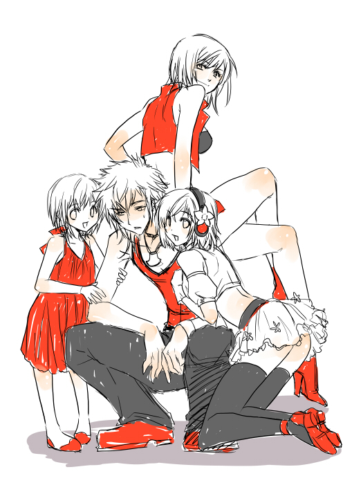 b.m., meiko (vocaloid), meito (vocaloid), sakine meiko, vocaloid, 1boy, 3girls, aged down, child, dress, everyone, flower, food, fruit, genderswap, genderswap (ftm), happy, headphones, miniskirt, monochrome, multiple girls, multiple persona, orange (fruit), red theme, short hair, simple background, skirt, smile, spot color, thighhighs, white background