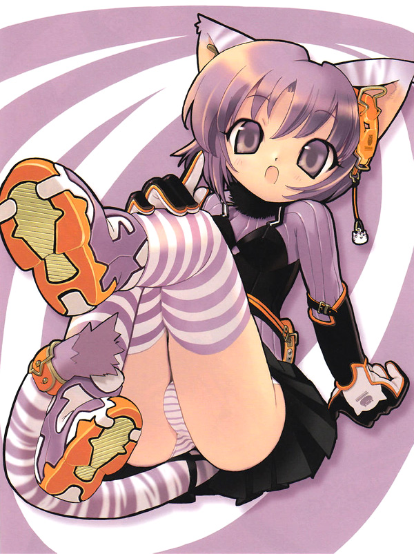blade (galaxist), toranoana, 1girl, animal ears, animal print, cat ears, cat tail, female focus, gloves, panties, purple hair, purple theme, shoe soles, shoes, short hair, sneakers, solo, striped clothes, striped panties, tail, tiger print, underwear