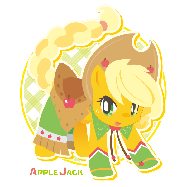 iinano (inanosuke), applejack, my little pony, my little pony: friendship is magic, commentary request, animal, animal focus, apple, blonde hair, boots, braided tail, brown hat, character name, chibi, chibi only, clothed animal, dress, food, fruit, grand galloping gala, green boots, green dress, green eyes, hat, looking at viewer, no humans, no lineart, official alternate costume, pony (animal), saddle, solo, transparent background