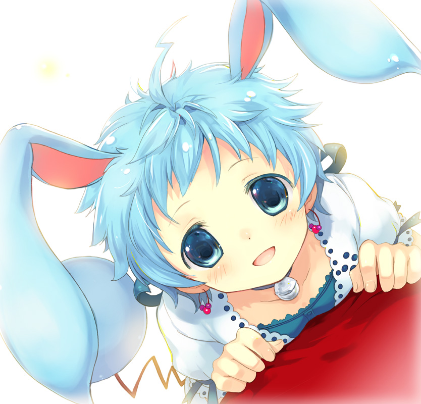 takeda mika, azumarill, moemon, nintendo, pokemon, bad id, bad pixiv id, 1girl, :d, animal ears, bell, blue eyes, blue hair, earrings, female focus, gen 2 pokemon, jewelry, looking up, matching hair/eyes, open mouth, personification, rabbit ears, short hair, smile, solo, tail