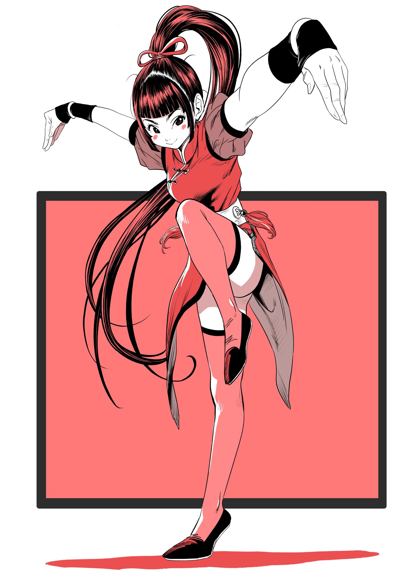 lee (dragon garou), original, commentary request, highres, 1girl, blunt bangs, blush stickers, china dress, chinese clothes, dress, fighting stance, full body, hair ribbon, high ponytail, long hair, outstretched arms, ponytail, puffy short sleeves, puffy sleeves, red hair, red theme, red thighhighs, ribbon, short sleeves, smile, solo, standing, standing on one leg, thighhighs, v-shaped eyebrows, very long hair, wristband