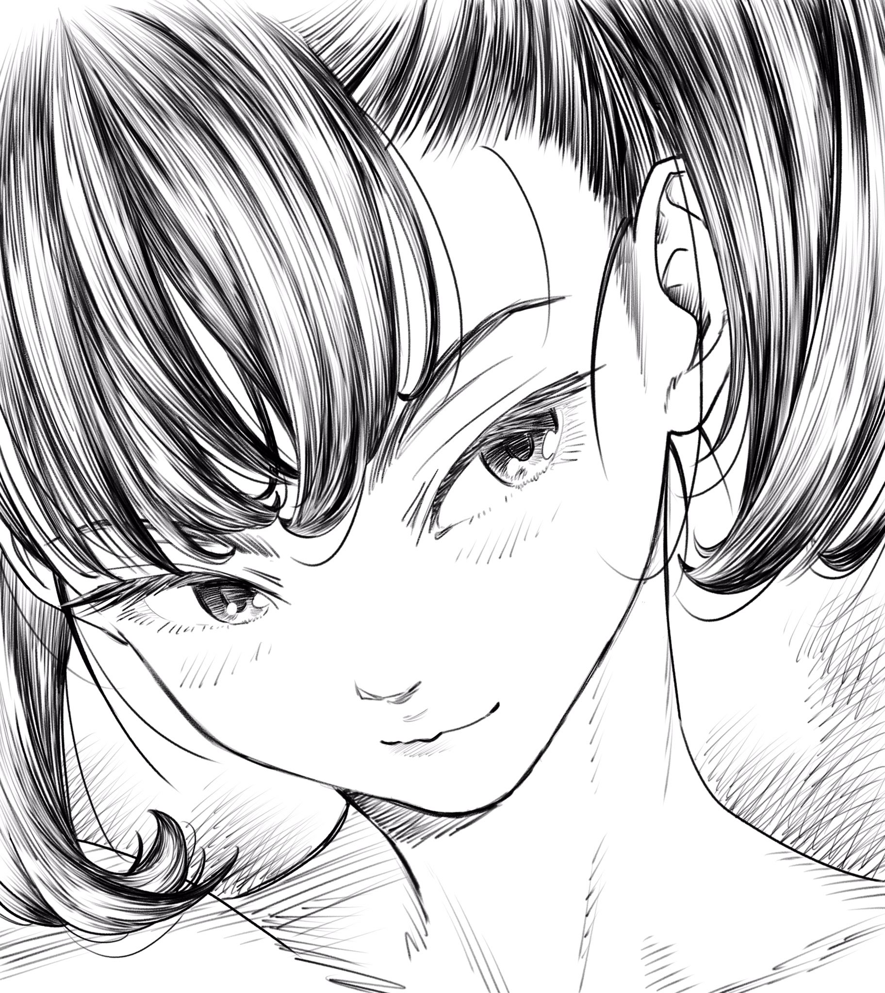 lee (dragon garou), original, commentary request, highres, 1girl, bare shoulders, greyscale, hatching (texture), head tilt, looking to the side, monochrome, portrait, sketch, smile, solo, twintails