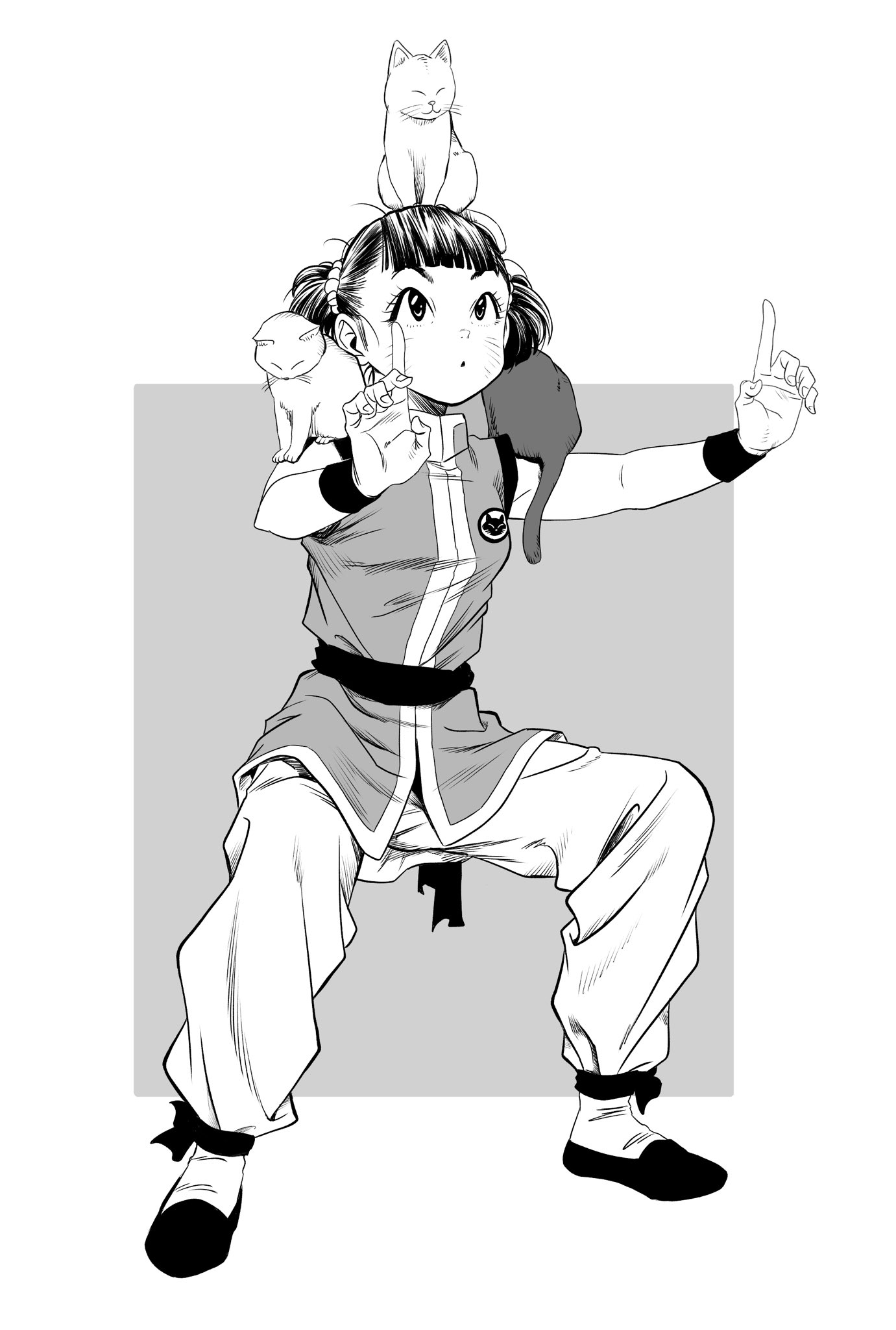 lee (dragon garou), original, commentary request, highres, 1girl, animal, animal on head, animal on shoulder, belt, blunt bangs, breasts, cat, cat on head, cat on shoulder, chinese clothes, full body, greyscale, hair ornament, hair scrunchie, monochrome, on head, scrunchie, short twintails, small breasts, solo, squat (exercise), twintails, wristband