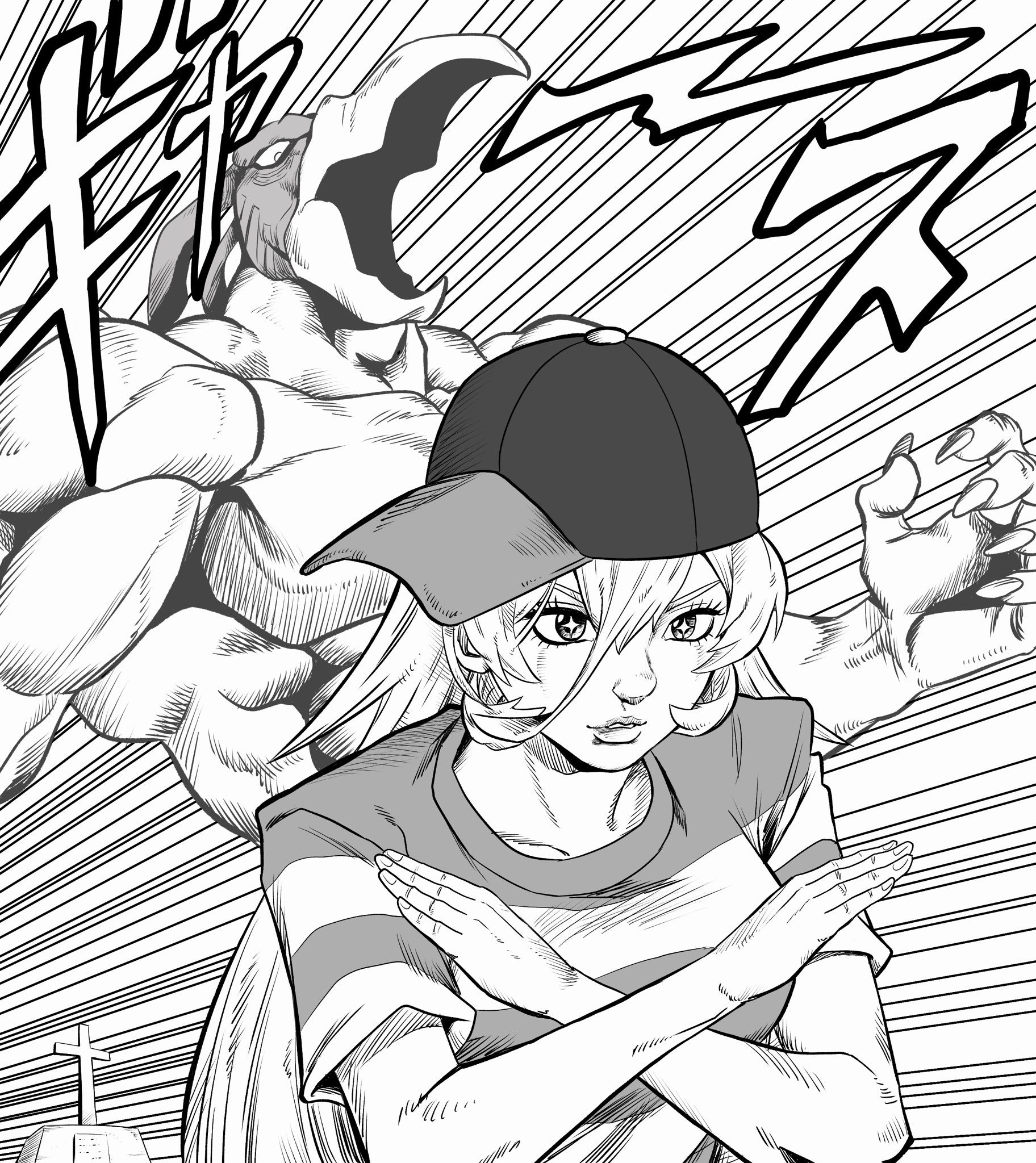 lee (dragon garou), flying man, magician's red, ninten, nui sociere, jojo no kimyou na bouken, mother (series), mother 1, nijisanji, nintendo, stardust crusaders, commentary request, highres, + +, 1girl, breasts, cosplay, cross, greyscale, long hair, medium breasts, monochrome, motion lines, muscular, ninten (cosplay), parody, shirt, speed lines, stand (jojo), striped clothes, striped shirt, style parody, tombstone, virtual youtuber