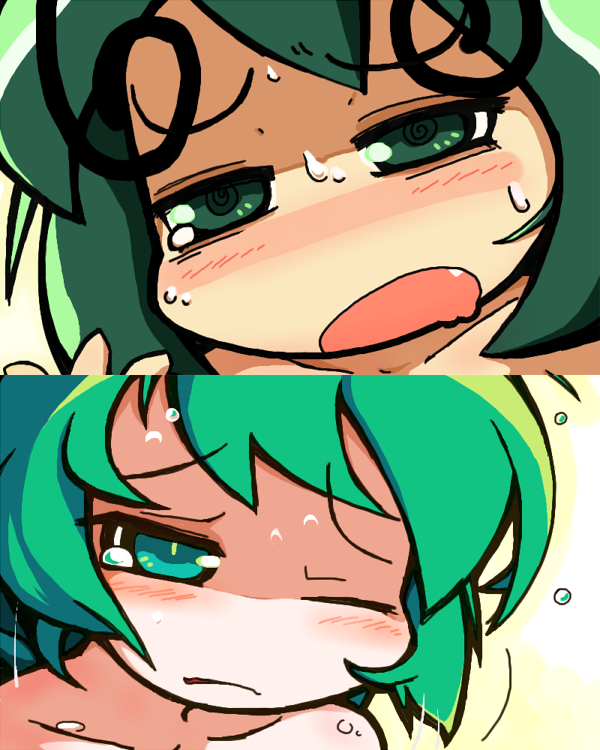 ugif, wriggle nightbug, touhou, 1girl, antennae, blush, female focus, green eyes, green hair, multiple views, sweat, tears, wink