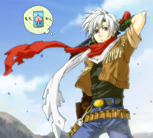 naname (7me), nean (pixiv), jet enduro, wild arms, wild arms 3, lowres, 1boy, arm up, bandolier, belt, blue background, food, fringe trim, fruit, gun, imagining, male focus, pants, peach, scarf, solo, spoken food, spoken object, weapon, white hair