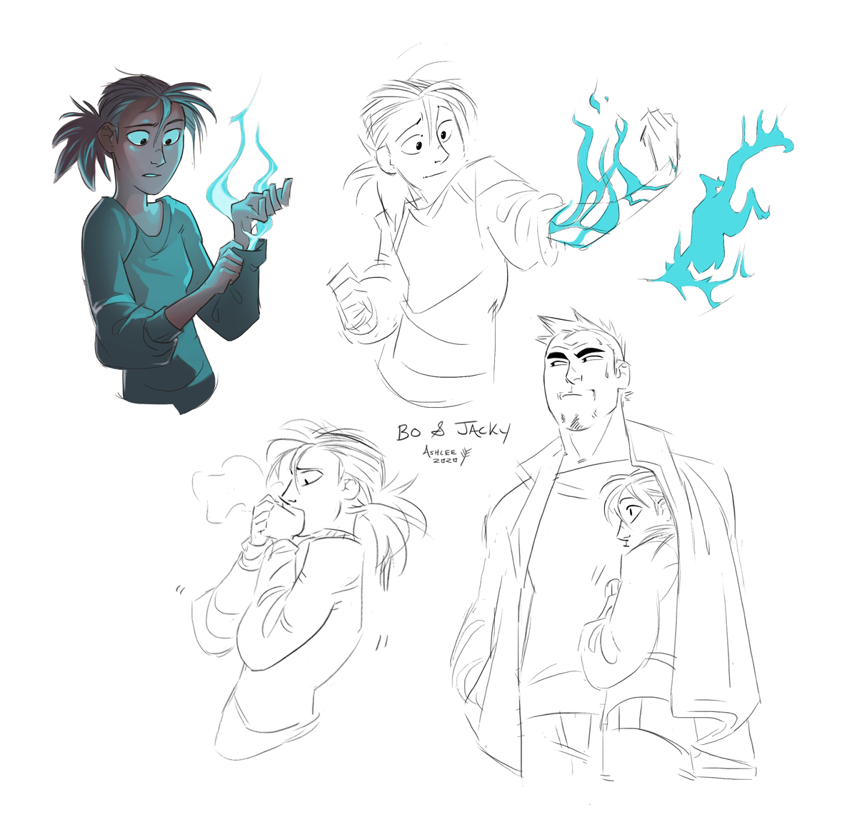 greekceltic, jacky (greekceltic), original, 1boy, 1girl, blue shirt, bo (greekceltic), dated, fire, green eyes, jacket, long sleeves, magic, medium hair, open clothes, open jacket, orange hair, pants, ponytail, shirt, short hair, signature, simple background, white background