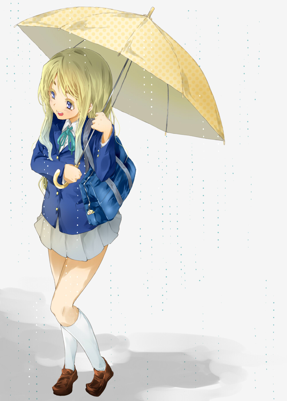 nishiuri warito, kotobuki tsumugi, k-on!, eyebrows, bad id, bad pixiv id, highres, 00s, 1girl, blonde hair, blue eyes, female focus, full body, long hair, open mouth, outdoors, rain, school uniform, smile, solo, umbrella, white background