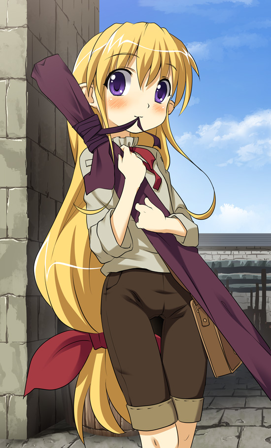 broiler, lisa (seiken no blacksmith), seiken no blacksmith, bad id, bad pixiv id, 00s, 1girl, blonde hair, blush, child, female focus, hugging object, long hair, mouth hold, pointy ears, ponytail, purple eyes, ribbon, shorts, sleeves rolled up, solo, thigh gap, very long hair