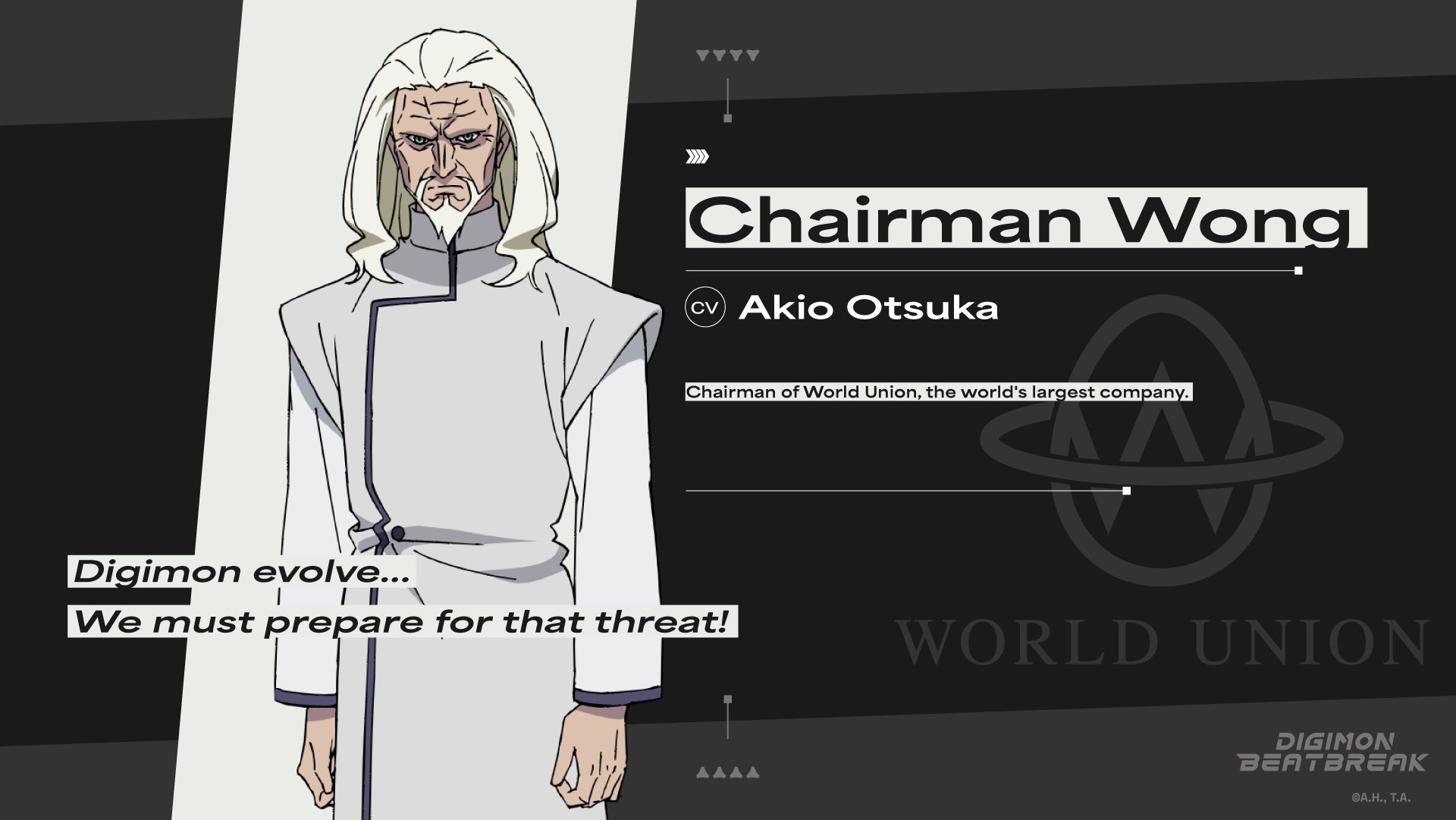 digimon, digimon beatbreak, official art, beard, chairman wong, english text, facial hair, looking at viewer, profile, white hair
