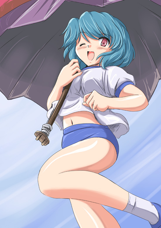 flx, tatara kogasa, touhou, 1girl, alternate costume, blue hair, buruma, female focus, gym uniform, karakasa obake, one eye closed, red eyes, short hair, solo, tongue, umbrella, wink