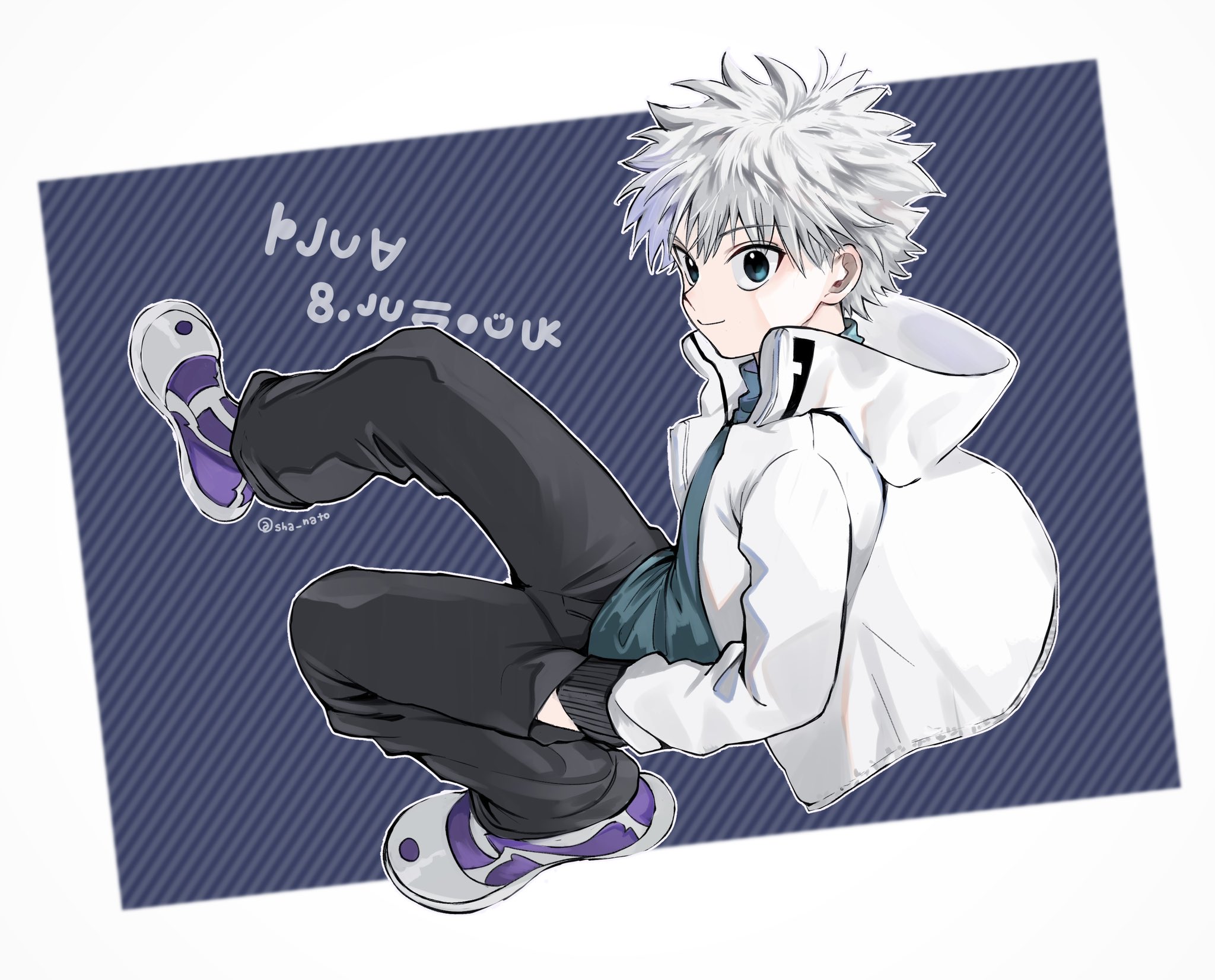 sha nato, killua zoldyck, hunter x hunter, commentary request, highres, 1boy, alternate costume, blue eyes, blue shirt, closed mouth, full body, grey pants, hand in pocket, jacket, long sleeves, looking at viewer, male focus, open clothes, open jacket, pants, popped collar, shirt, shoes, short hair, smile, solo, white hair, white jacket, white shoes