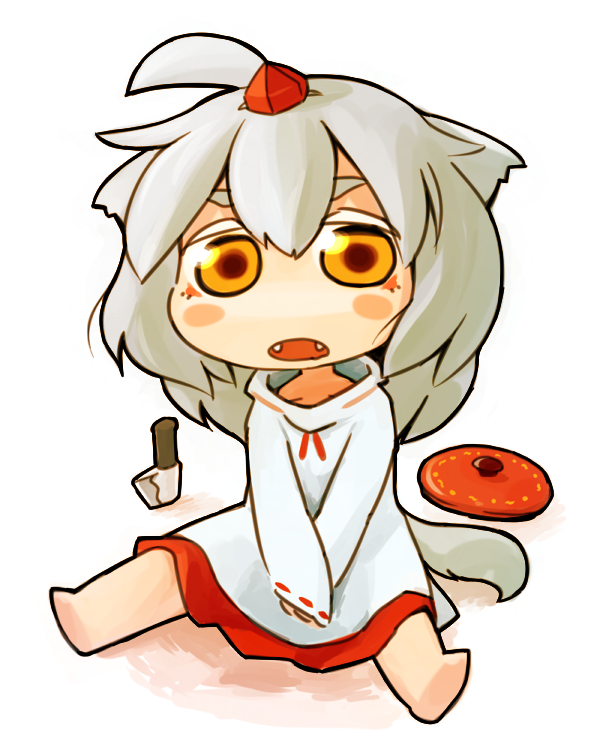 ugif, inubashiri momiji, touhou, 1girl, animal ears, chibi, fangs, female focus, full body, hat, knife, simple background, sitting, solo, tail, tokin hat, white background, wolf ears, wolf tail, yellow eyes