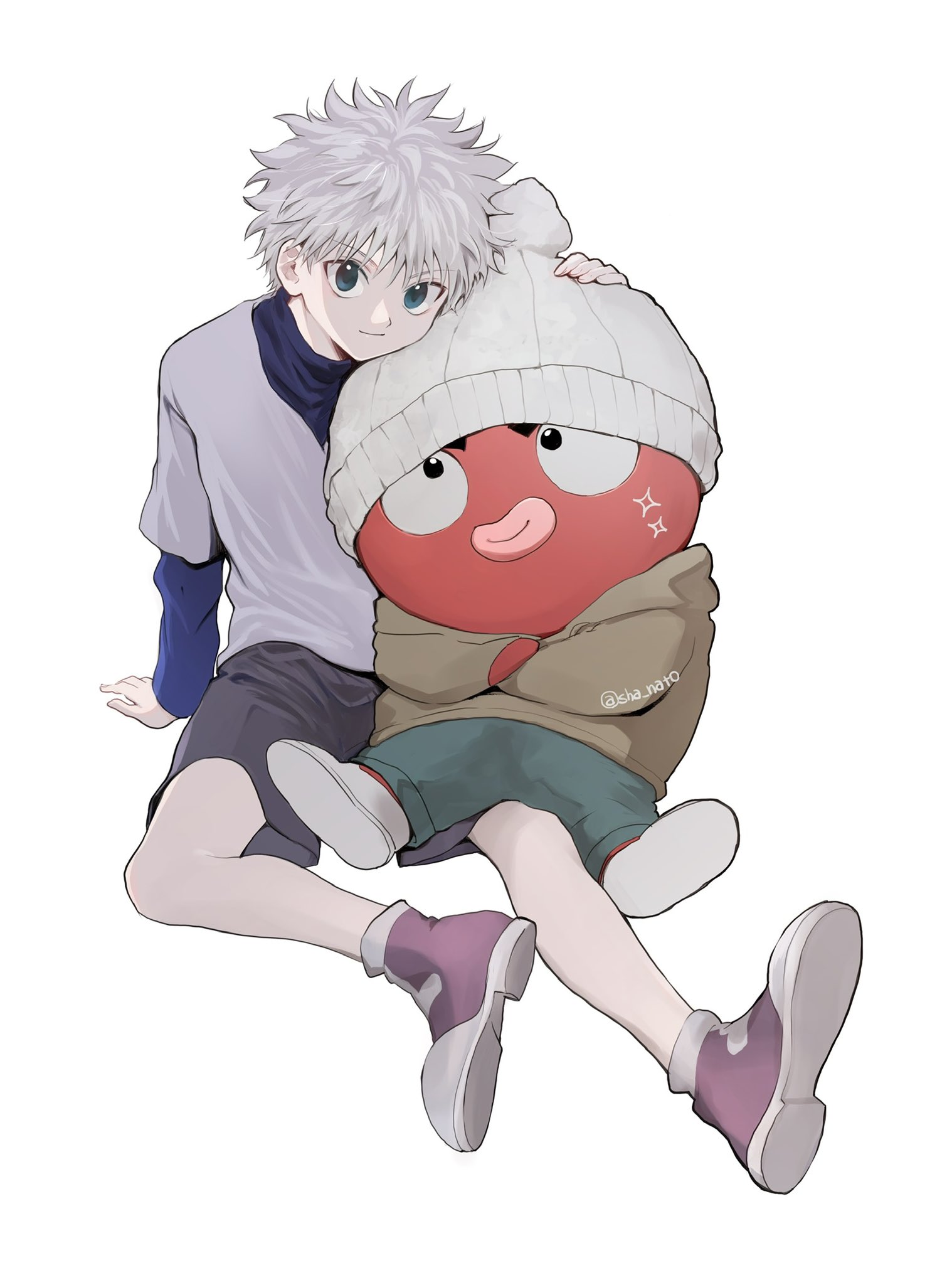 sha nato, ikalgo, killua zoldyck, hunter x hunter, hashtag-only commentary, highres, 2boys, arm support, beanie, blue eyes, blue pants, blue shirt, closed mouth, colored skin, grey shirt, grey shorts, hand on another's head, hat, invisible chair, layered sleeves, long sleeves, looking at another, looking at viewer, looking to the side, male focus, multiple boys, octopus, octopus boy, pants, purple shoes, red skin, shirt, shoes, short hair, short over long sleeves, short sleeves, shorts, sideways glance, simple background, sitting, white background, white hair, white hat, white shoes
