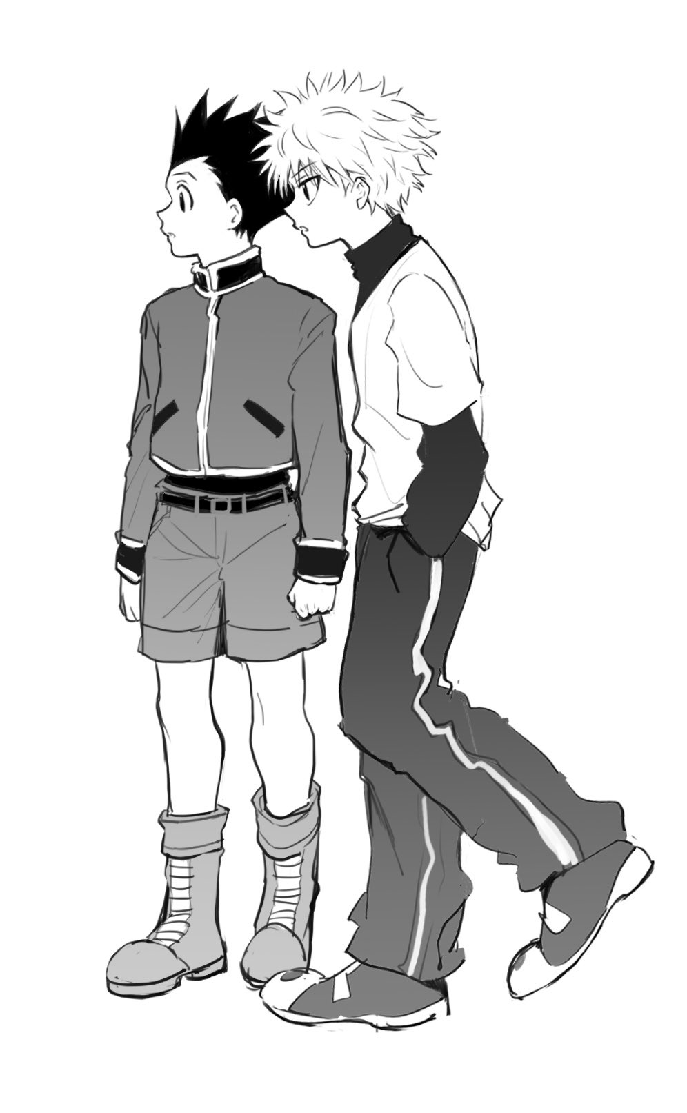 sha nato, gon freecss, killua zoldyck, hunter x hunter, highres, 2boys, belt, boots, closed mouth, full body, hand in pocket, jacket, jacket tucked in, layered sleeves, long sleeves, male focus, multiple boys, pants, profile, shoes, short hair, short sleeves, shorts, sleeve cuffs, spiked hair, standing, striped clothes, striped pants, turtleneck, vertical-striped clothes, vertical-striped pants, widow's peak