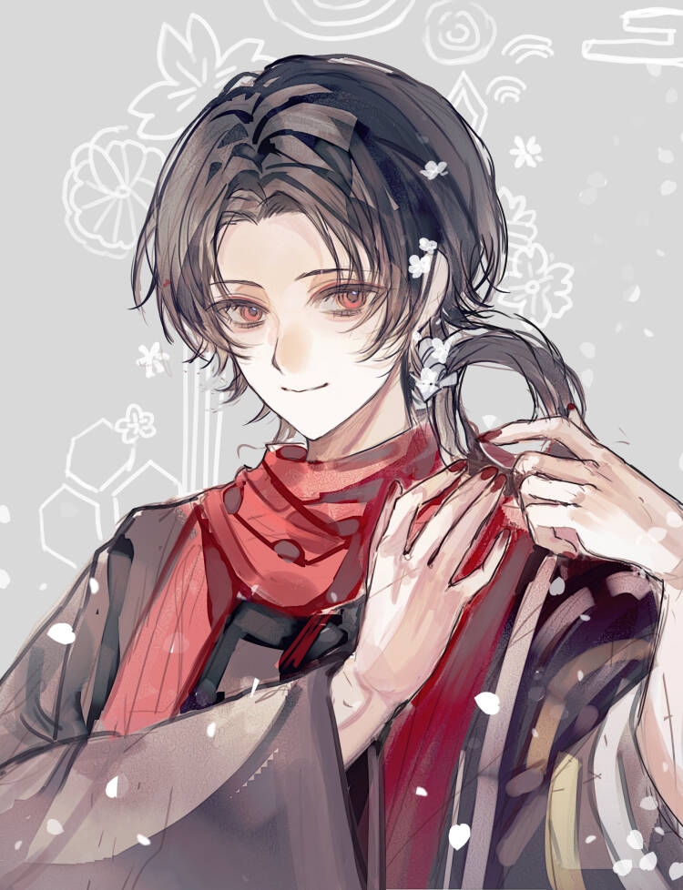 enderrabbit, kashuu kiyomitsu, touken ranbu, variant set, 1boy, black shirt, brown hair, closed mouth, colored eyelashes, curtained hair, flower, grey background, hair flower, hair ornament, hair rings, holding, holding jewelry, holding ring, jewelry, long sleeves, parted bangs, red eyes, red nails, red scarf, ring, scarf, shirt, single hair ring, smile, solo, tsurime, upper body, white flower, wide sleeves