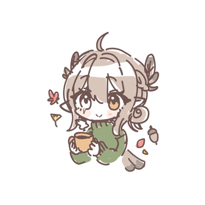 hwwnwa, kumi (vtuber), indie virtual youtuber, commentary, english commentary, second-party source, 1girl, acorn, ahoge, autumn leaves, blush, brown hair, closed mouth, cup, eyelashes, feather hair ornament, feathers, hair between eyes, hair ornament, heterochromia, holding, holding cup, leaf, long hair, mug, pointy ears, scar, scar across eye, scar on face, simple background, smile, solo, split mouth, steam, virtual youtuber, white background