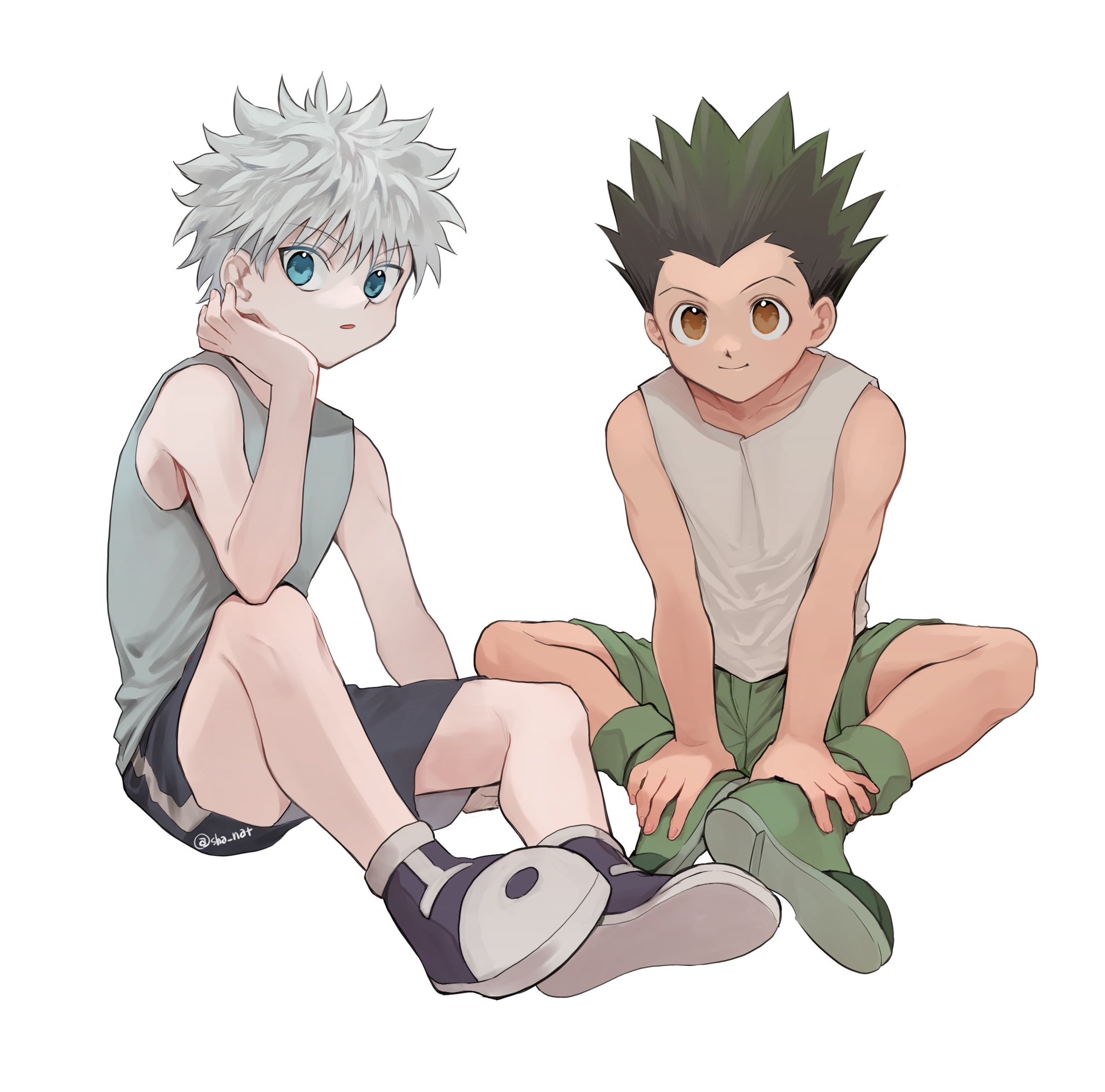 sha nato, gon freecss, killua zoldyck, hunter x hunter, hashtag-only commentary, highres, 2boys, bare shoulders, black hair, black shorts, blue eyes, blue shirt, boots, brown eyes, closed mouth, collarbone, crew neck, elbow on knee, green boots, green shoes, green shorts, hand on own face, hands on own feet, invisible chair, male focus, multiple boys, shirt, shoes, short hair, shorts, sitting, smile, tank top, white hair, white shirt, widow's peak