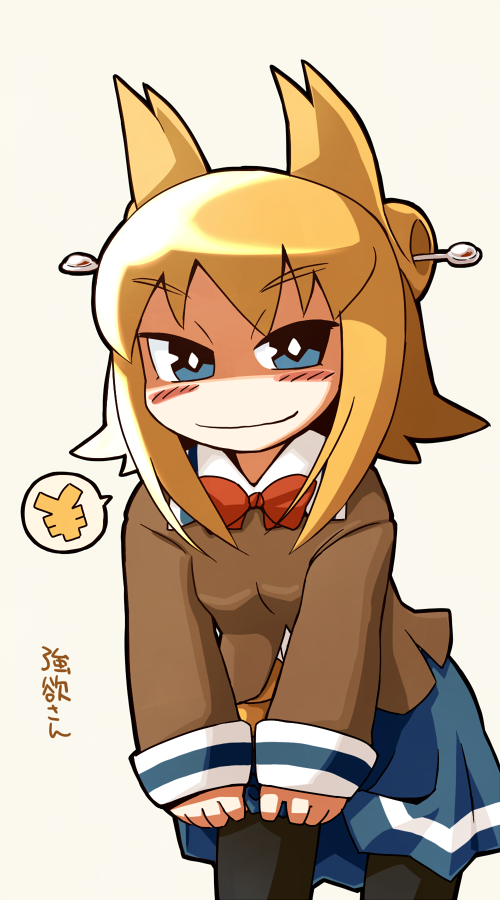 ugif, character request, 1girl, animal ears, blonde hair, blue eyes, blush, bow, bowtie, female focus, fox ears, pantyhose, personification, short hair, skirt, solo