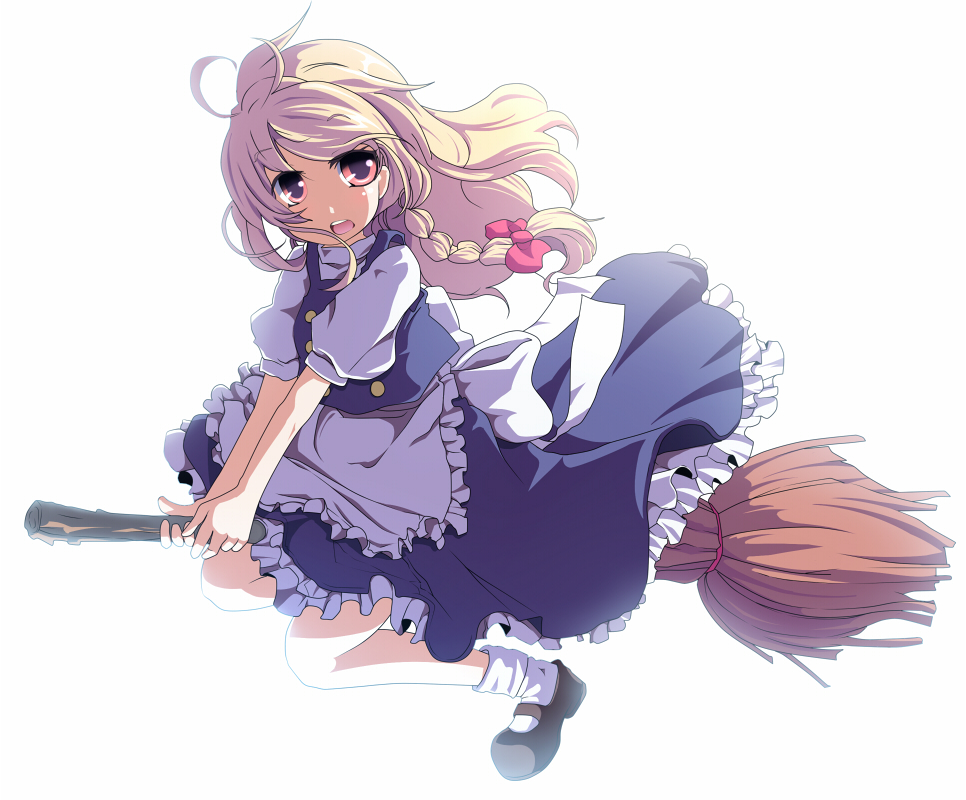 eto, kirisame marisa, touhou, bad id, bad pixiv id, 1girl, blonde hair, braid, broom, female focus, full body, long hair, red eyes, simple background, skirt, solo, white background