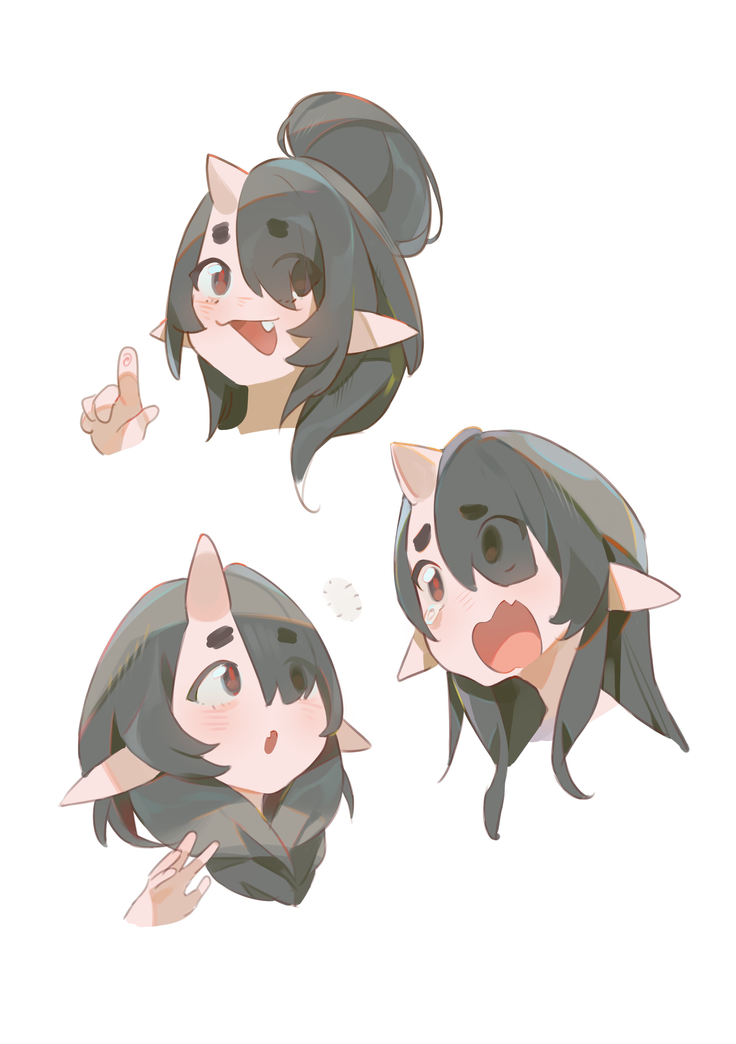 yi shin jian, absurdres, character request, commentary, copyright request, highres, 1girl, :o, black eyes, black hair, eyes visible through hair, fang, hair over one eye, horns, index finger raised, medium hair, multiple views, open mouth, pointy ears, red pupils, short eyebrows, simple background, single horn, skin fang, tearing up, white background