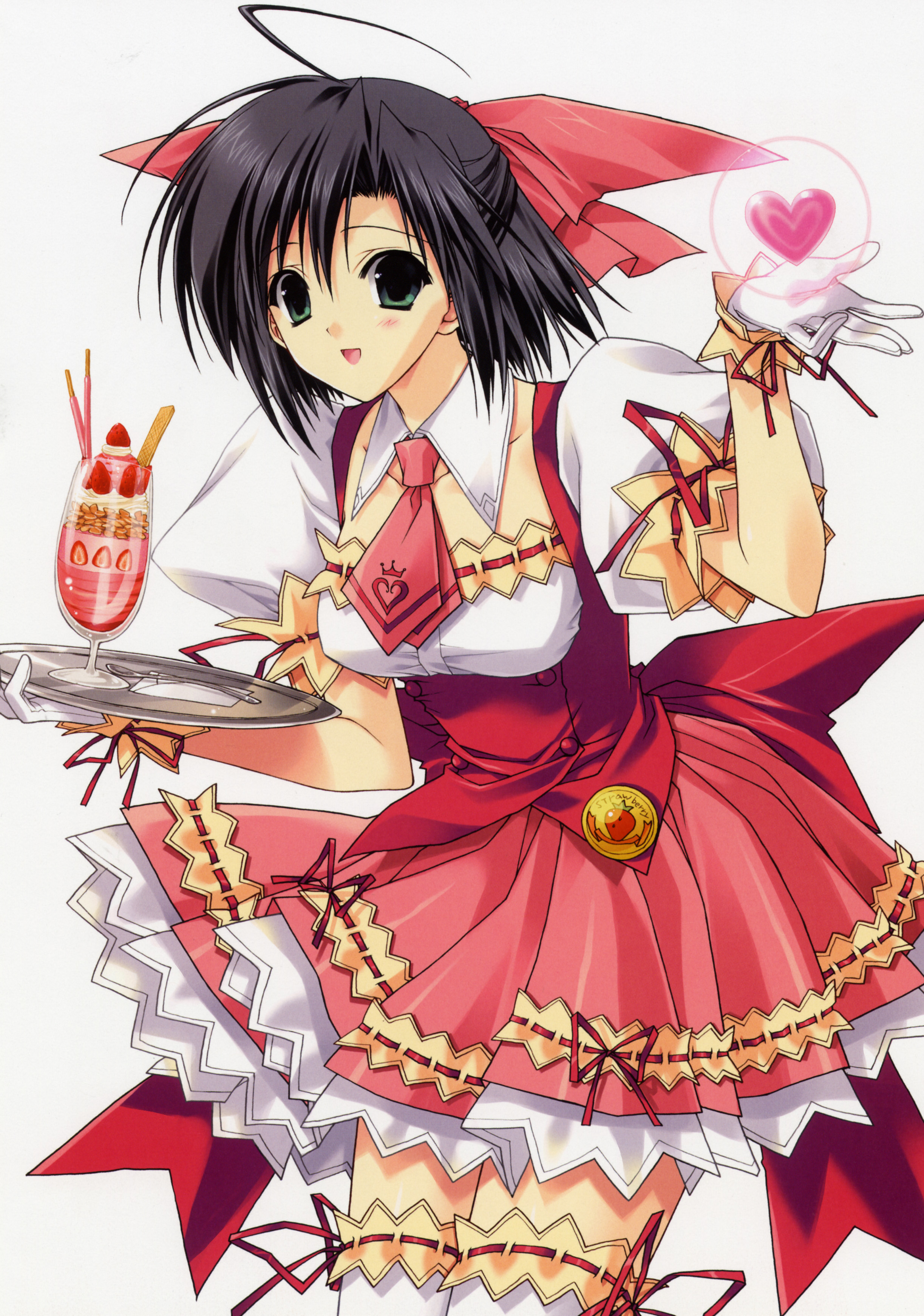 suzuhira hiro, berry's, absurdres, highres, scan, 1girl, black hair, dessert, female focus, food, green eyes, necktie, ribbon, short hair, simple background, solo, thighhighs, waitress, waitress uniform, white background