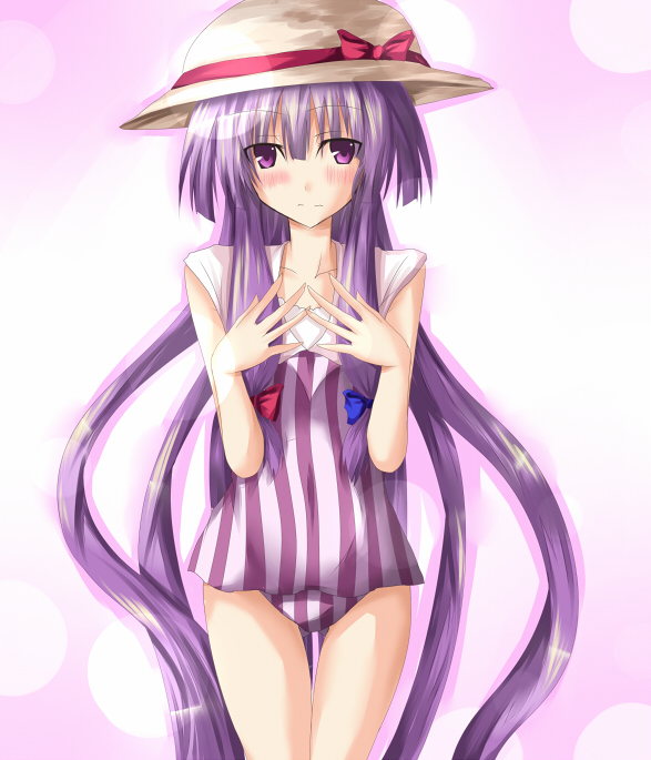 ram hachimin, patchouli knowledge, touhou, 1girl, casual one-piece swimsuit, female focus, hat, long hair, one-piece swimsuit, purple eyes, purple hair, solo, striped clothes, striped one-piece swimsuit, sun hat, swimsuit, thigh gap, thighs