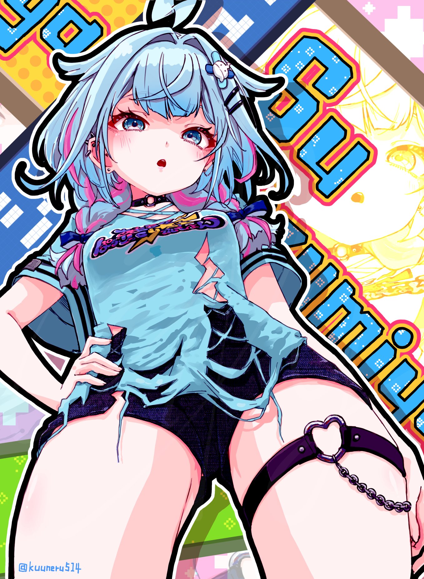 kuuneru514, mizumiya su, mizumiya su (1st costume), hololive, hololive dev is, highres, 1girl, ahoge, black choker, black shorts, blue eyes, blue hair, blue shirt, character name, choker, hair flaps, hair ornament, hairpin, hand on own hip, heart, heart o-ring, looking at viewer, medium hair, multicolored hair, o-ring, o-ring choker, o-ring thigh strap, open mouth, pink streaks, shirt, shorts, solo, streaked hair, thigh strap, torn clothes, torn shirt, virtual youtuber