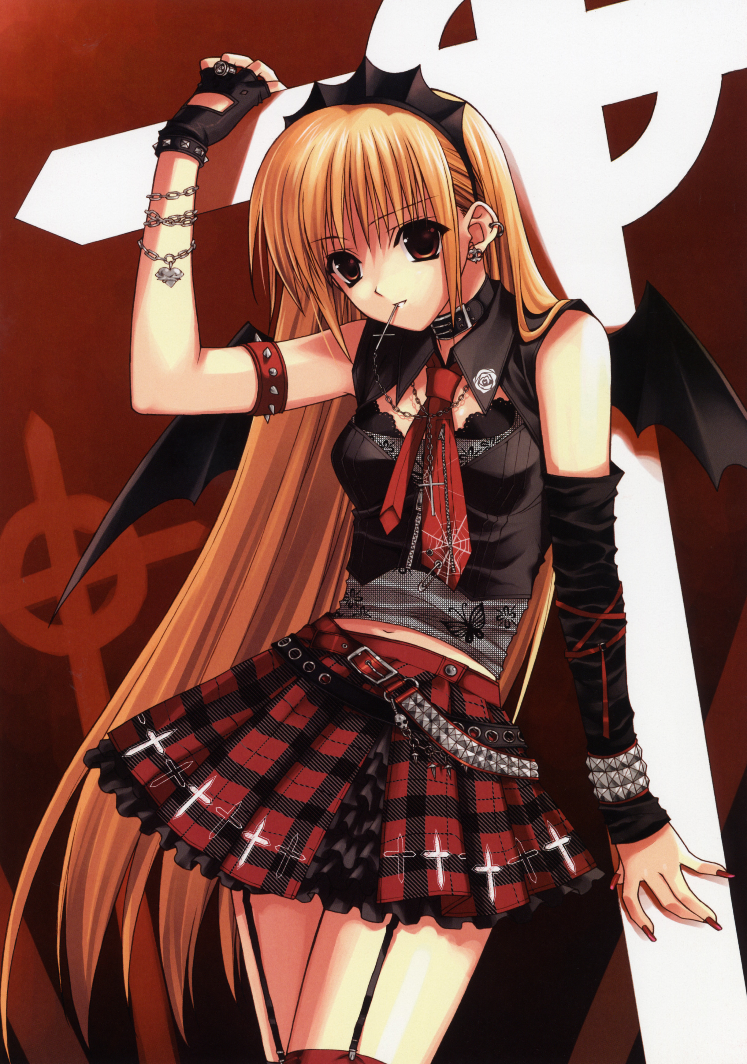 suzuhira hiro, gothic anime angel (suzuhira hiro), absurdres, highres, scan, 1girl, animal print, bat wings, black gloves, blonde hair, brown eyes, butterfly print, celtic cross, chain, collar, cross, cross necklace, earrings, female focus, fingerless gloves, garter straps, gloves, goth fashion, heart, jewelry, large cross, long hair, miniskirt, mouth hold, nail polish, necklace, necktie, plaid clothes, plaid skirt, punk, red nails, red necktie, ring, safety pin, single glove, skirt, solo, spider web print, thighhighs, wings