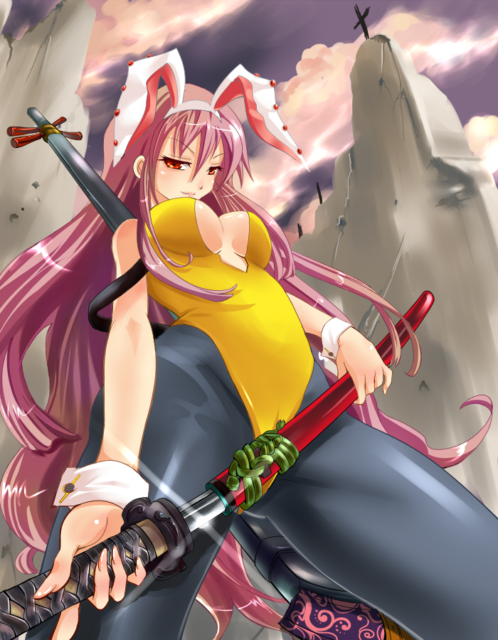 nagare, original, 1girl, animal ears, fake animal ears, female focus, from below, instrument, long hair, pantyhose, playboy bunny, rabbit ears, red eyes, red hair, shamisen, sheath, solo, sword, unsheathing, weapon