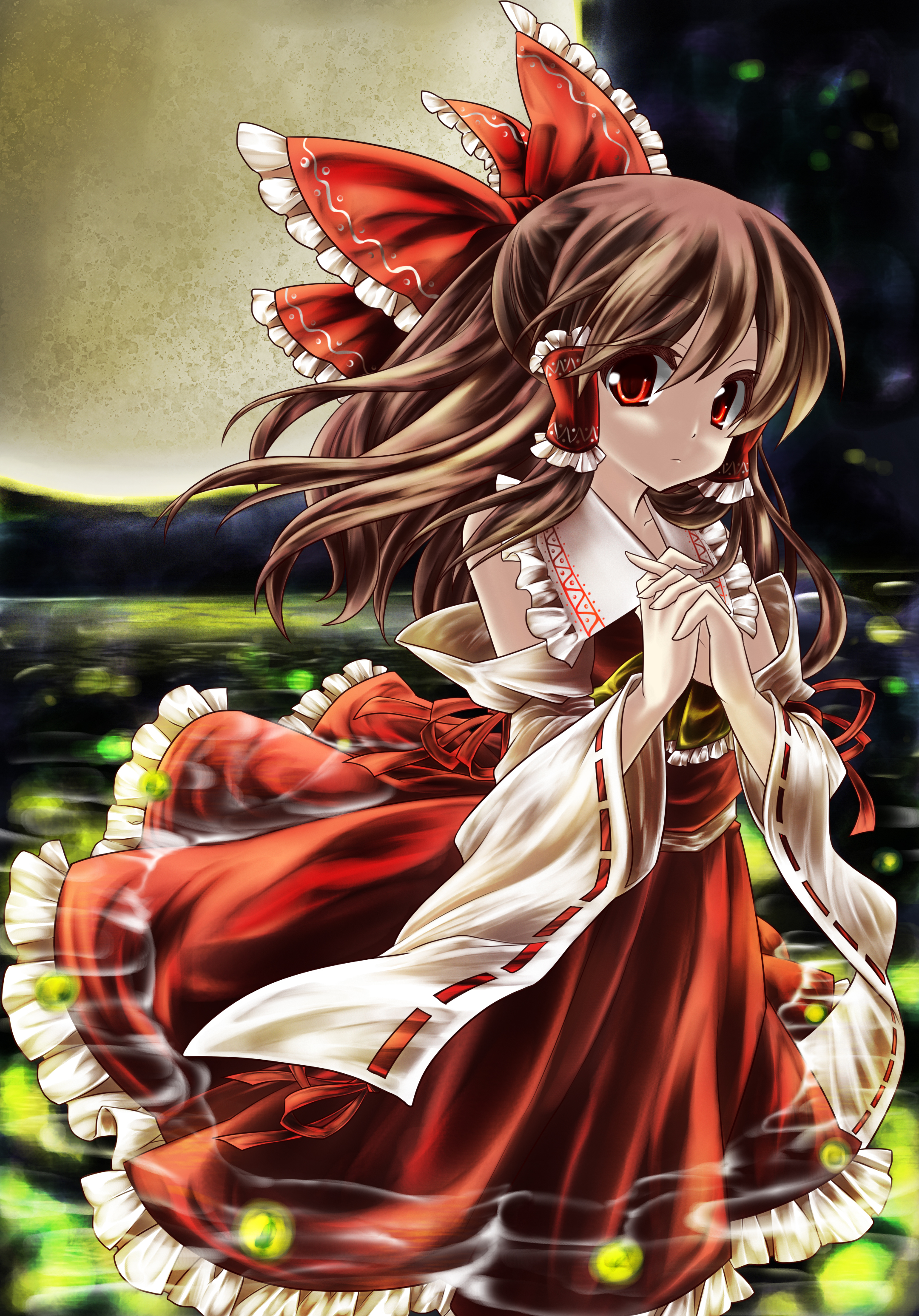 masaru.jp, r0g0b0, hakurei reimu, touhou, absurdres, bad id, bad pixiv id, colorized, highres, 1girl, ascot, black hair, detached sleeves, female focus, full moon, hair ribbon, half updo, japanese clothes, miko, moon, own hands clasped, own hands together, red eyes, ribbon, solo, yellow ascot
