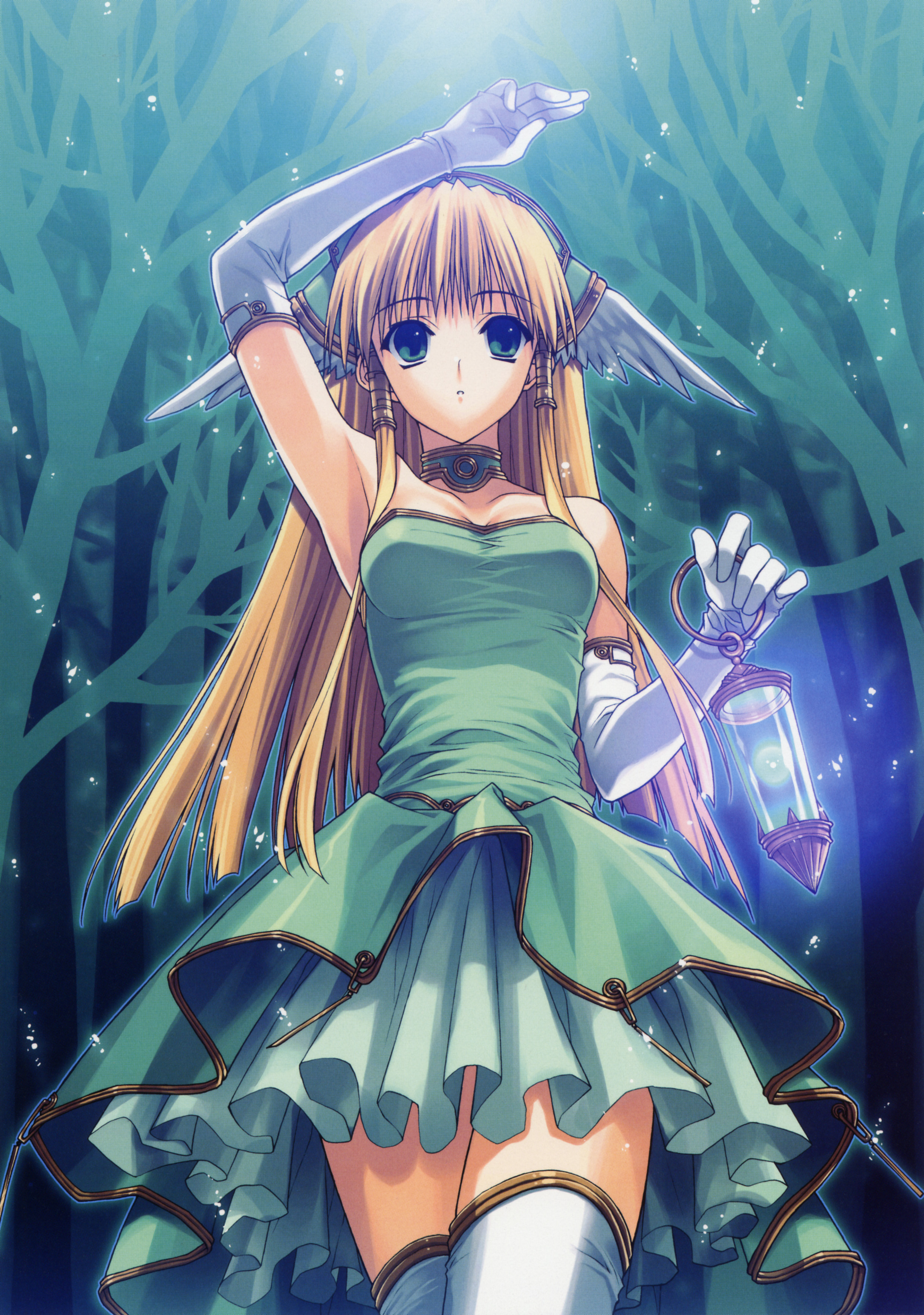 heart work, suzuhira hiro, berry's, absurdres, highres, scan, 1girl, arm up, armpits, bare shoulders, blonde hair, choker, collarbone, dress, elbow gloves, expressionless, female focus, forest, frilled dress, frills, gathers, gloves, green eyes, hair tubes, hat, head wings, lantern, light particles, long hair, looking at viewer, nature, solo, standing, strapless, strapless dress, thighhighs, twintails, white gloves, white thighhighs, wings, zettai ryouiki