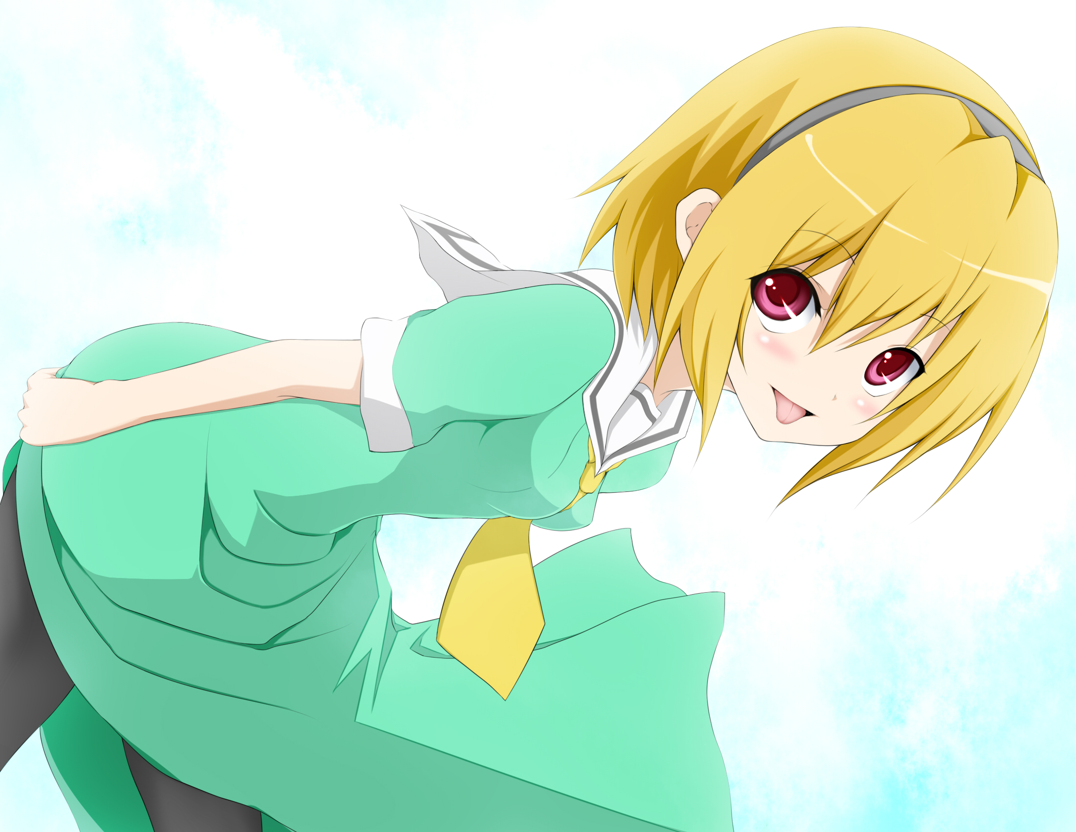 nemu (nebusokugimi), houjou satoko, higurashi no naku koro ni, no naku koro ni (series), highres, 00s, 1girl, blonde hair, clothes lift, dress, dress lift, female focus, hairband, leaning forward, looking at viewer, necktie, pantyhose, red eyes, sailor dress, school uniform, serafuku, short hair, solo, tongue