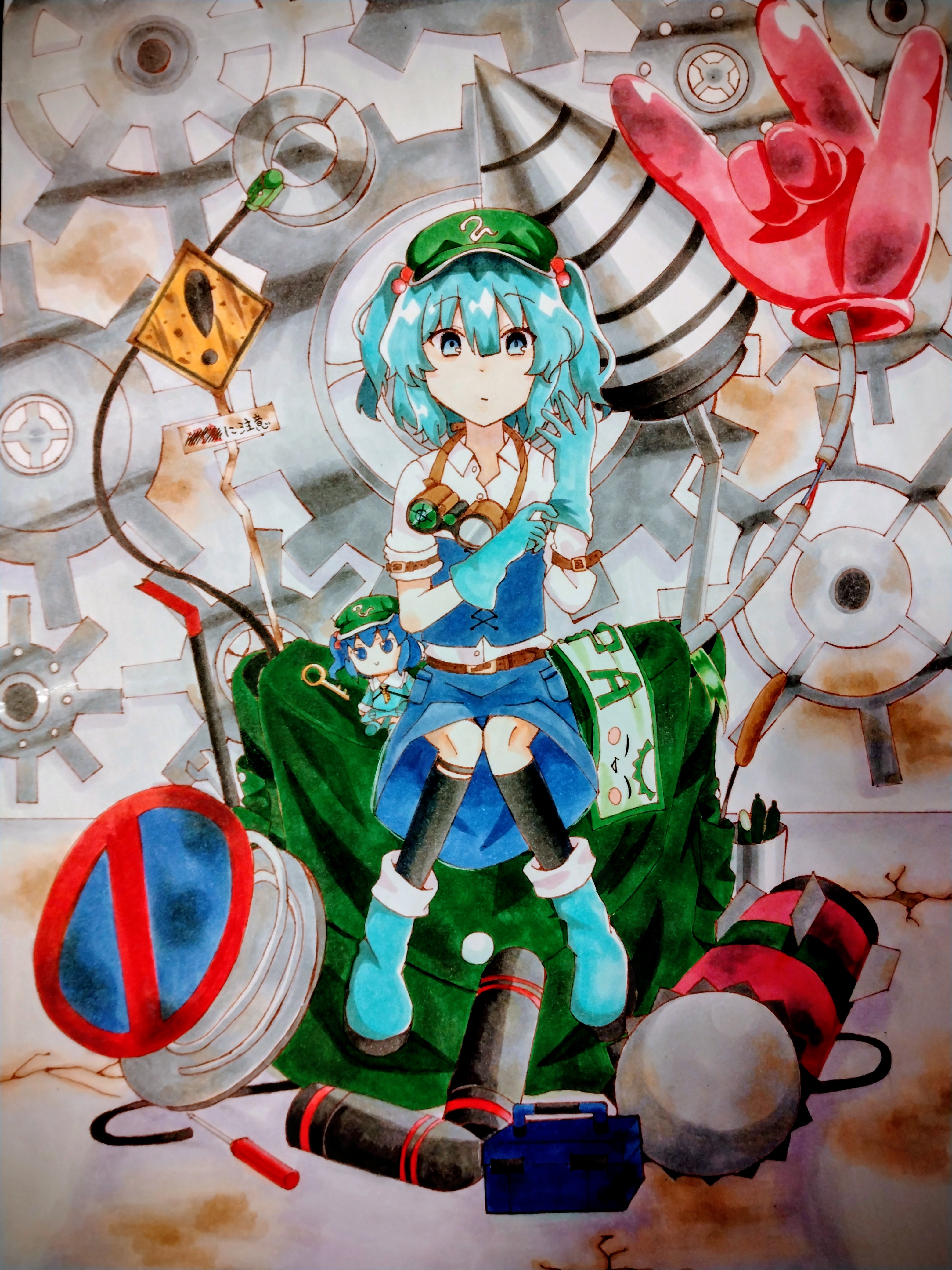 kawashiro nitori, touhou, absurdres, commentary, highres, marker (medium), traditional media, 1girl, backpack, bag, belt, black socks, blue boots, blue eyes, blue gloves, blue hair, blue skirt, boots, brown belt, buttons, character doll, closed mouth, collared shirt, doll, expressionless, fumo (doll), gears, gloves, goggles, green bag, green hat, hair between eyes, hair bobbles, hair ornament, hat, looking at viewer, newsboy cap, putting on gloves, road sign, rubber boots, shirt, short hair, sign, sitting, skirt, skirt pocket, sleeve garter, sleeves rolled up, socks, solo, tool request, user ycnn5725