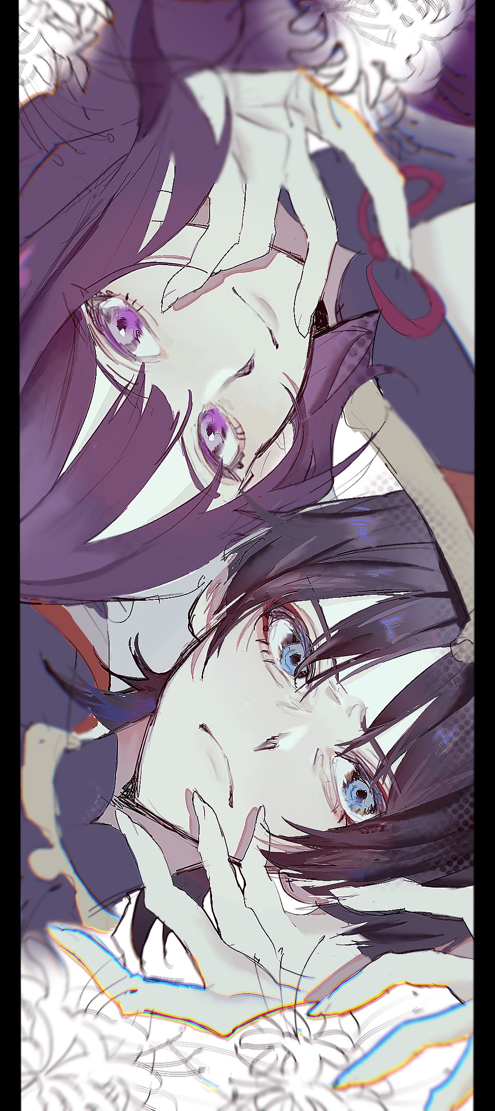 azu zubi, raiden shogun, scaramouche (genshin impact), wanderer (genshin impact), genshin impact, hashtag-only commentary, highres, 1boy, 1girl, blue eyes, blue hair, blunt bangs, blurry, close-up, closed mouth, depth of field, eyeliner, hair between eyes, japanese clothes, light smile, long hair, looking at viewer, makeup, mother and son, neck ribbon, no mole, purple eyes, purple hair, red eyeliner, red ribbon, ribbon, shade, upper body