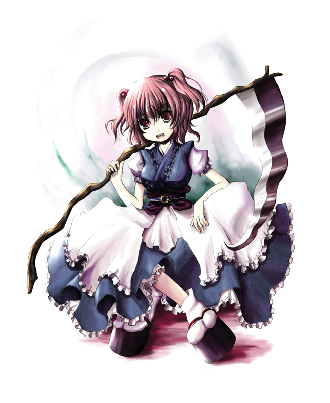 kurona, onozuka komachi, touhou, 1girl, female focus, red eyes, red hair, scythe, sitting, solo, white background