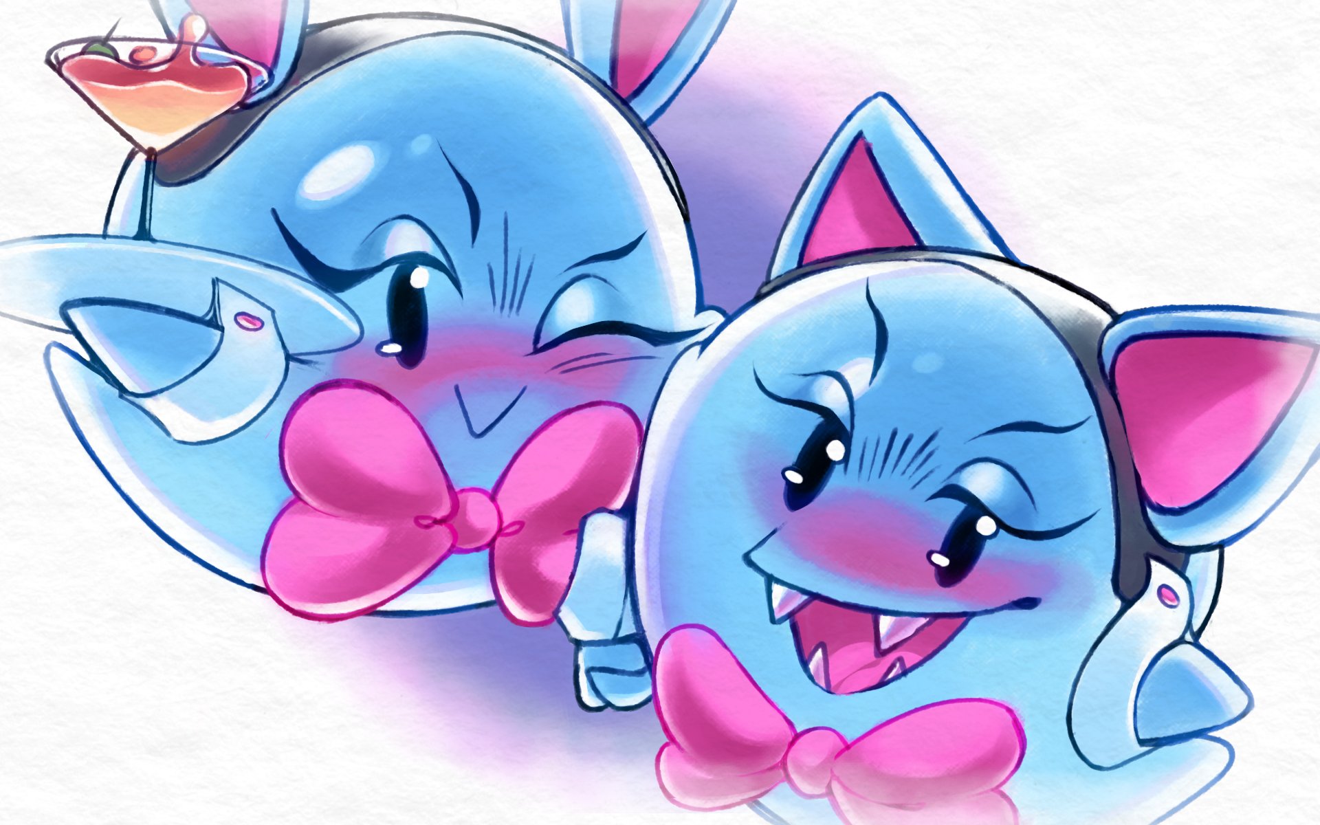 lahla (mario), peeka (mario), mario (series), nintendo, paper mario, paper mario: the thousand-year door, highres, 2girls, :>, :d, animal ears, black eyes, blue skin, blush, bow, bowtie, cocktail glass, colored skin, cup, drinking glass, echothethird, fake animal ears, fangs, full body, half-closed eyes, holding, looking at viewer, multiple girls, nose blush, one eye closed, open mouth, pink bow, pink bowtie, playboy bunny, rabbit ears, smile, tongue, tray, white background, wrist cuffs