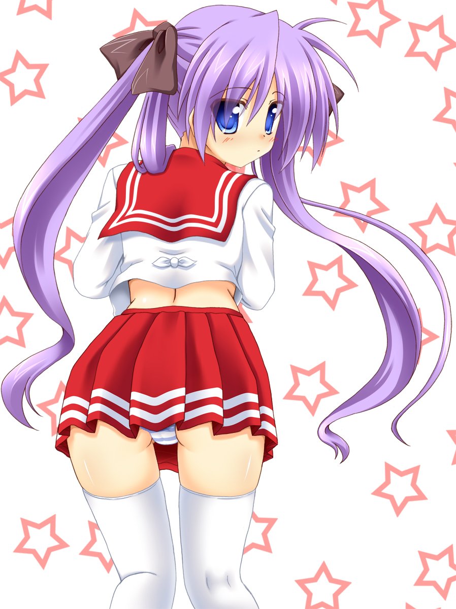 lask, hiiragi kagami, lucky star, highres, 00s, 1girl, ass, back, blue eyes, blush, female focus, from behind, hair ribbon, kneepits, long hair, long sleeves, looking at viewer, looking back, midriff, miniskirt, panties, pantyshot, pleated skirt, purple hair, ribbon, school uniform, serafuku, shirt, skirt, solo, star (symbol), striped clothes, striped panties, thighhighs, thighs, tsurime, twintails, underwear, upskirt, white panties, white shirt, white thighhighs, zettai ryouiki