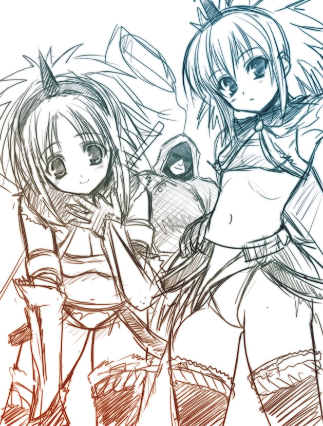 asaga aoi, capcom, monster hunter (series), 1boy, 2girls, horns, khezu (armor), kirin (armor), midriff, monochrome, multiple girls, navel, panties, single horn, sketch, smile, thighhighs, underwear