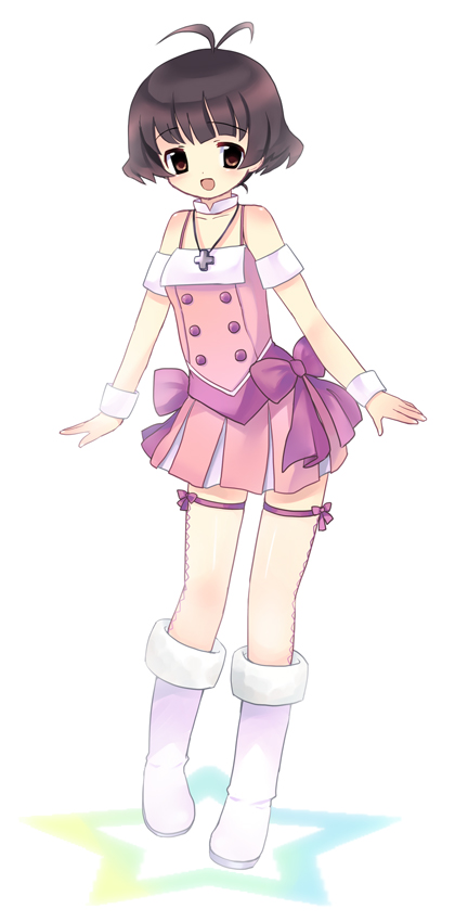 teu (navy), tiurin, akizuki ryo, idolmaster, idolmaster dearly stars, bad id, bad pixiv id, 00s, 1boy, antenna hair, bare shoulders, blush, brown eyes, brown hair, cross, crossdressing, crossdressing (mtf), cute & girly (idolmaster), jewelry, male focus, necklace, open mouth, short hair, smile, solo, thighhighs, trap