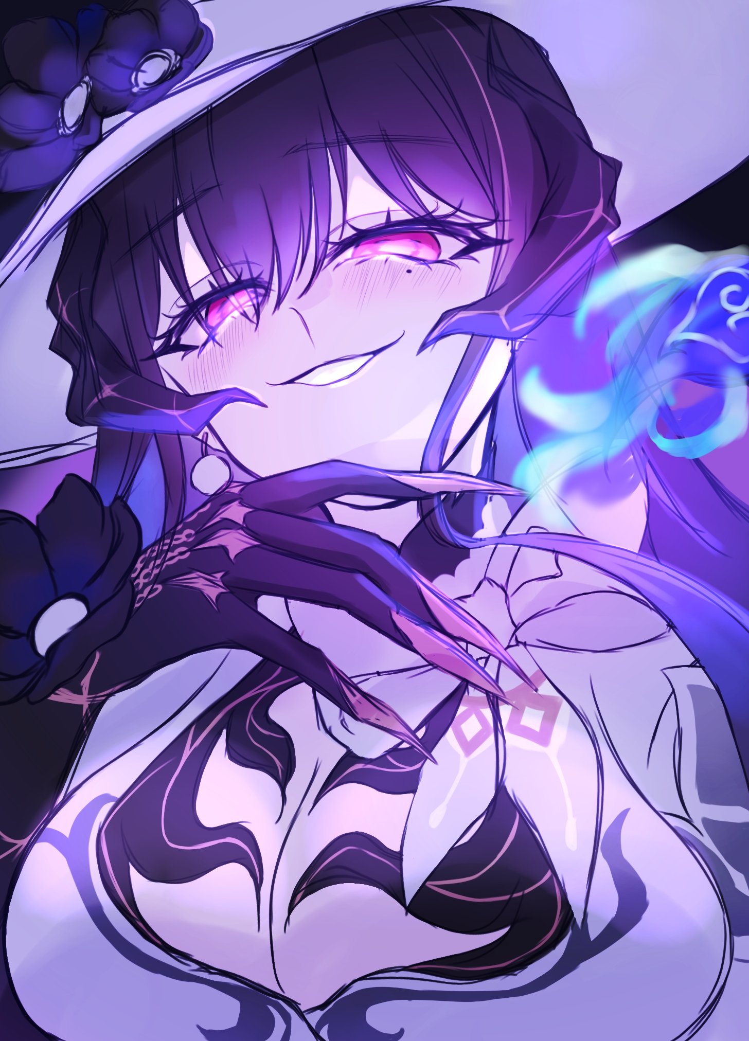 honkai: star rail, honkai (series), commentary, english commentary, highres, 1girl, black hair, breasts, demon girl, demon horns, dress, horns, large breasts, looking at viewer, purple eyes, rael7phj3v94056, solo, the dahlia (honkai: star rail), white dress