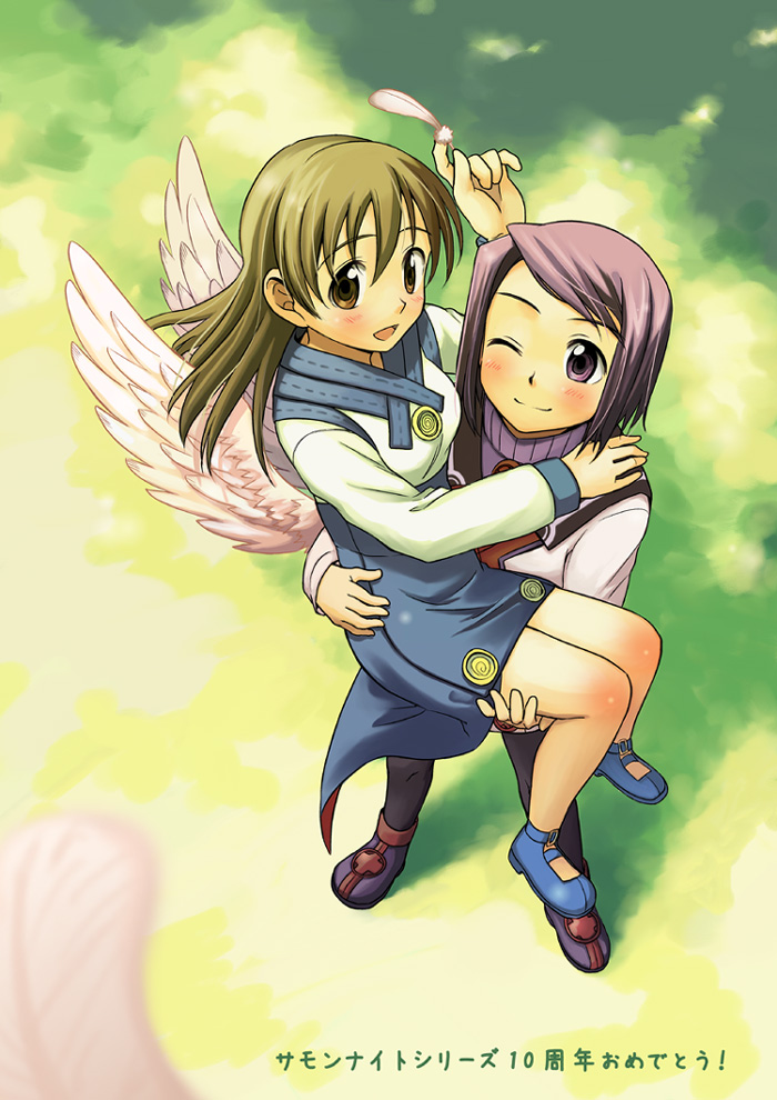 niina ryou, amer, toris, summon night, summon night 2, bad id, bad pixiv id, 2girls, brown eyes, brown hair, carrying, feathers, legs, multiple girls, pantyhose, purple eyes, purple hair, short hair, wings, yuri