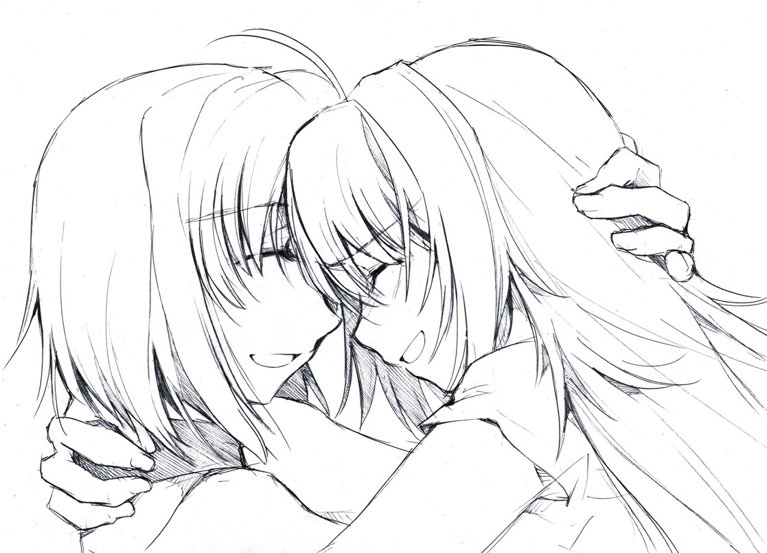 kapiko, canaan (character), oosawa maria, 428, 428: fuusa sareta shibuya de, canaan (series), chunsoft, ahoge, bare shoulders, closed eyes, greyscale, hug, long hair, monochrome, open mouth, short hair, sketch, smile, yuri