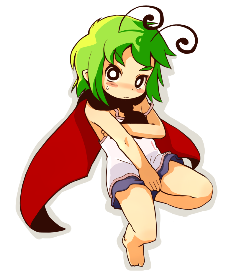 ugif, wriggle nightbug, touhou, 1girl, alternate costume, antennae, barefoot, blush, breasts, camisole, cape, covering breasts, covering crotch, covering privates, female focus, full body, green hair, short hair, skirt, solo, strap slip, white background