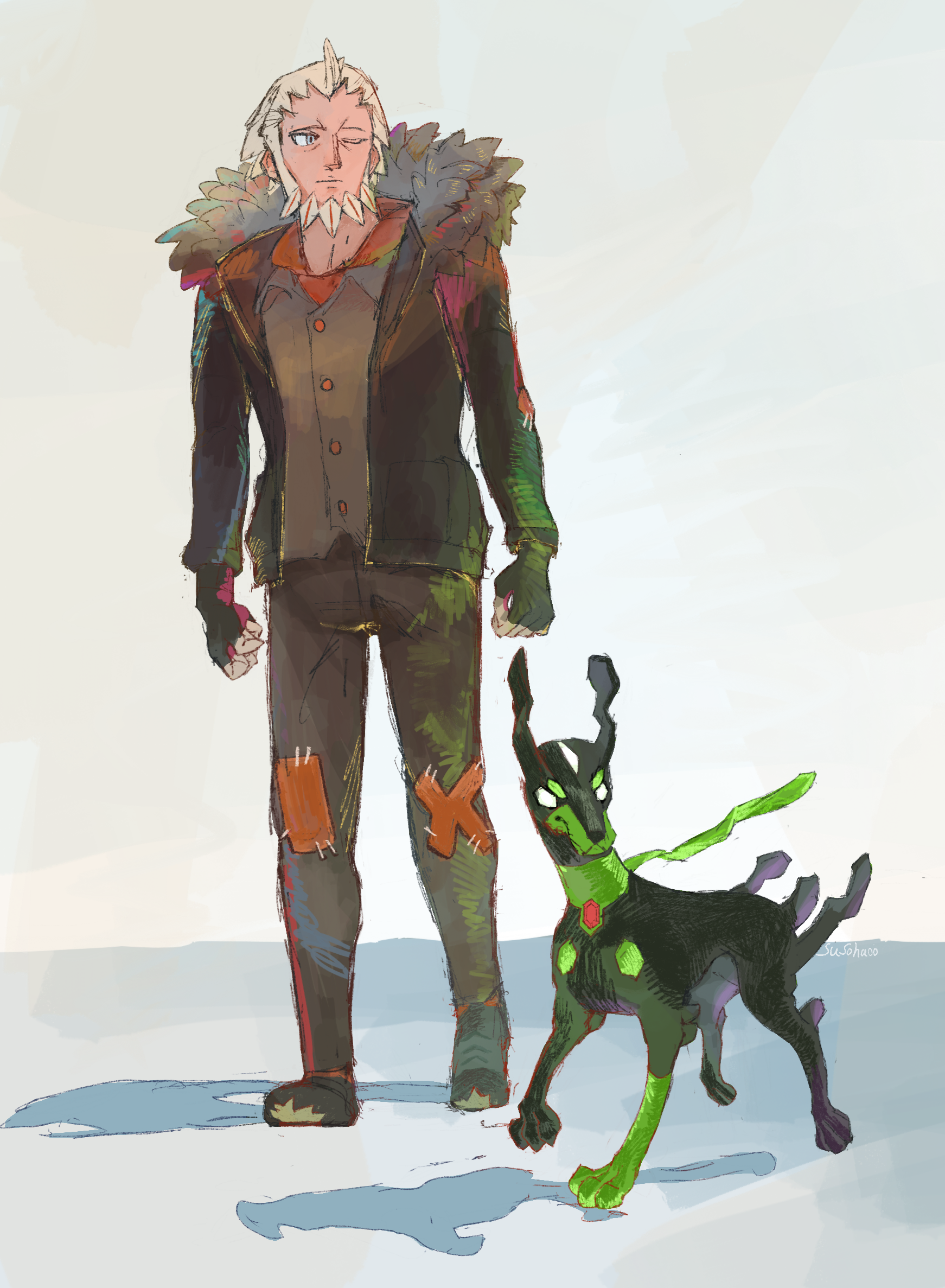 lysandre (pokemon), zygarde, nintendo, pokemon, pokemon legends: z-a, commentary request, highres, spoilers, 1boy, beard, black gloves, black jacket, black shoes, buttons, closed mouth, collared shirt, facial hair, fingerless gloves, full body, fur-trimmed jacket, fur trim, gen 6 pokemon, gloves, grey eyes, grey pants, grey shirt, jacket, legendary pokemon, long sleeves, male focus, one eye closed, open clothes, open jacket, pants, patch, pokemon (creature), red shirt, shadow, shirt, shirt under shirt, shoes, short hair, standing, white background, white hair, youheimoishi, zygarde (10)