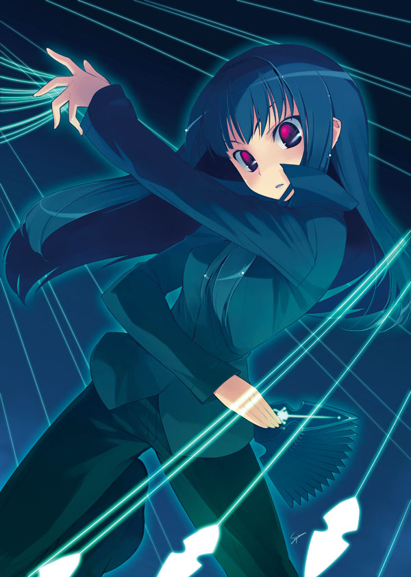 sumaki shungo, original, bad id, bad pixiv id, 1girl, black hair, denim, female focus, jeans, long hair, pants, solo, weapon